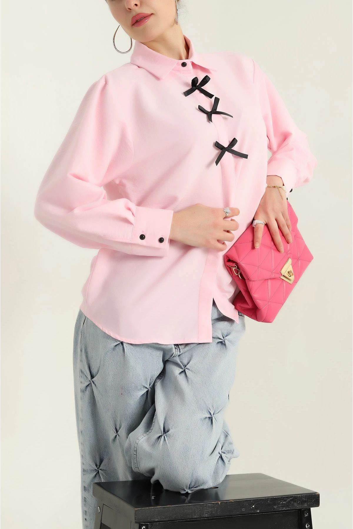 vuvutasarım-New Season Powder Bow Detail Aerobin Women's Shirt 2