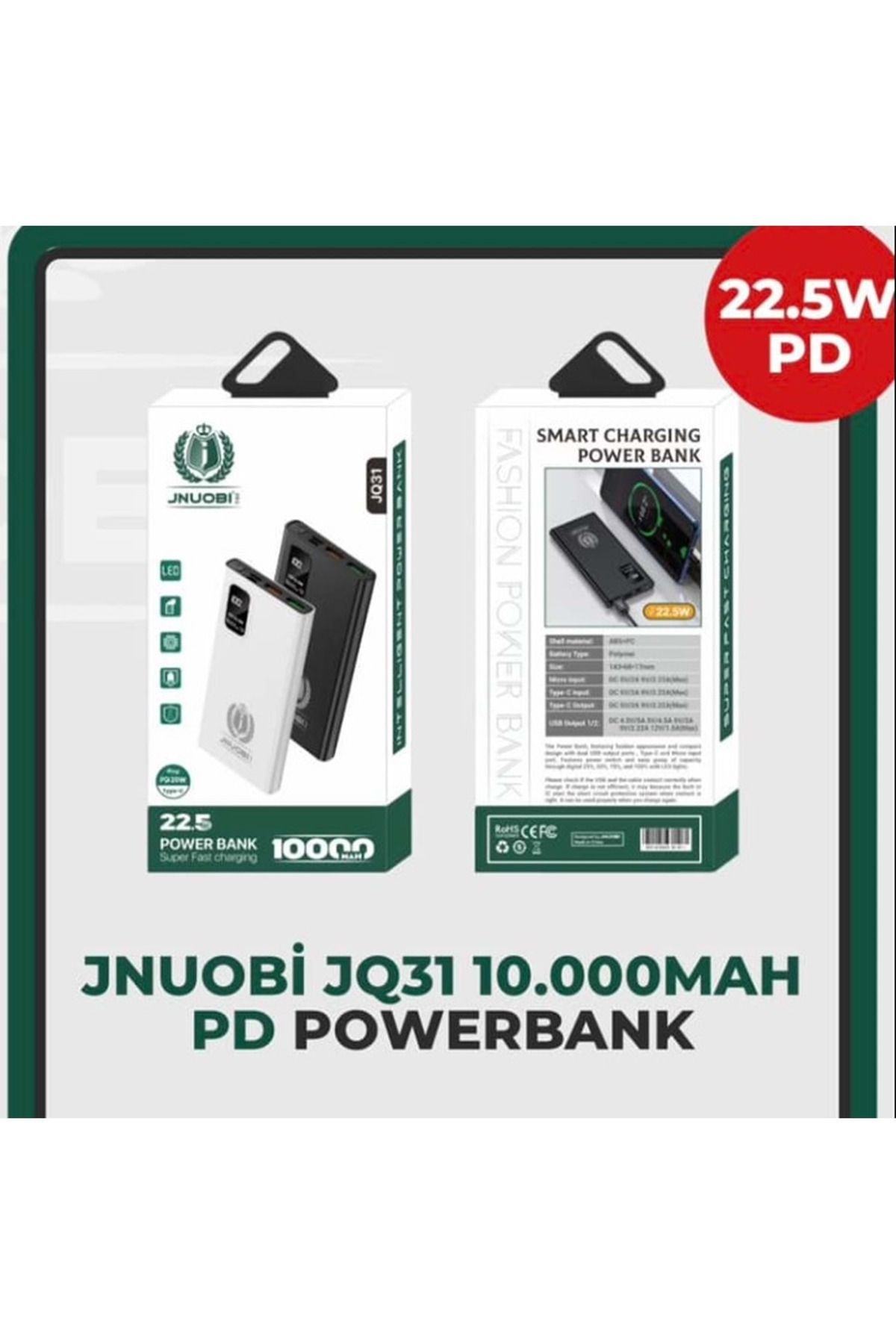 JNUOBI JQ31 10000MAH 22.5W QC 3.0 PD 3.0 HIZLI ŞARJ TYPE-C MİCRO GİRİŞLİ 2X USB DİJİTAL EKRAN POWERBANK