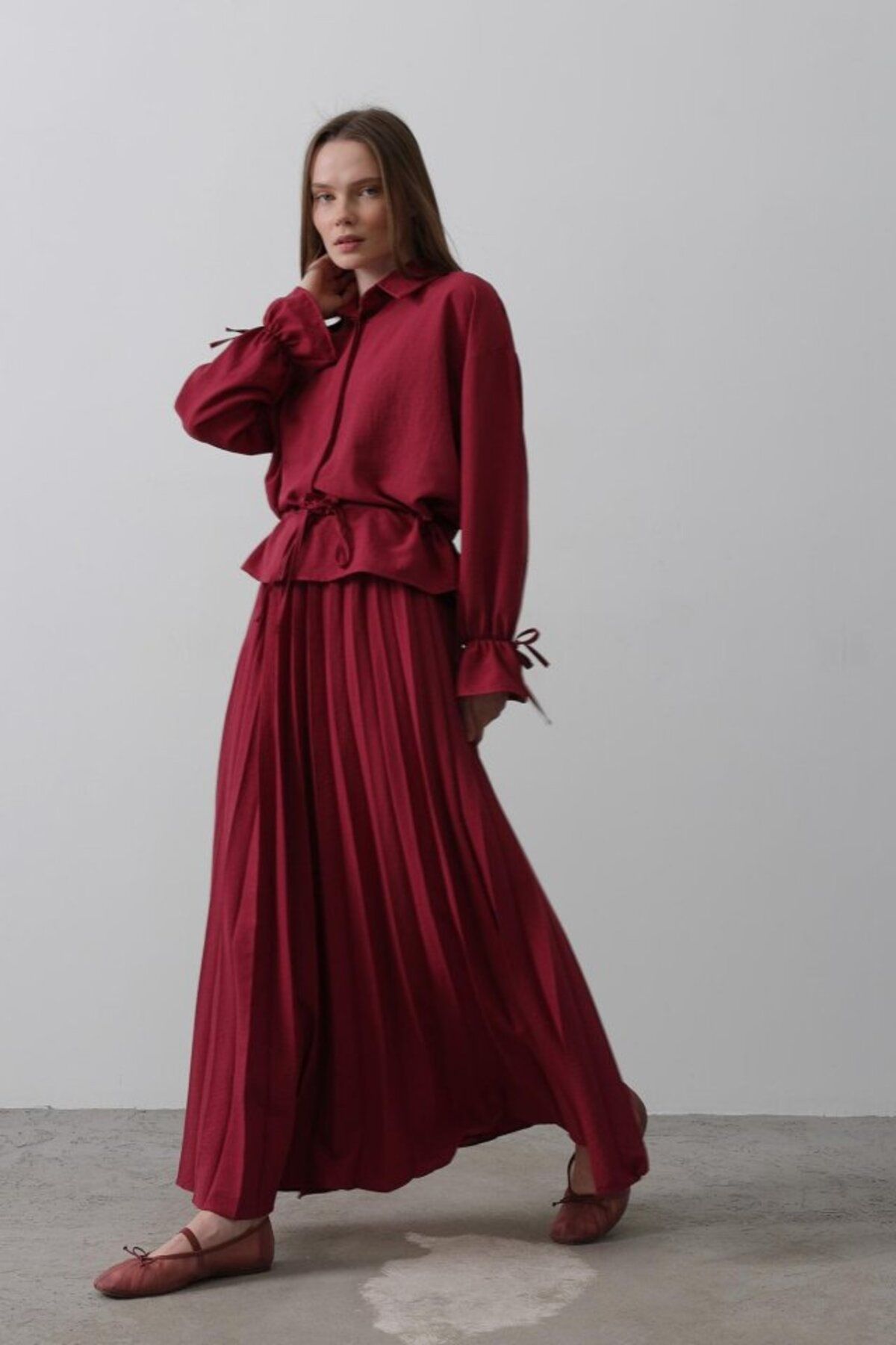 velmorafashion Bel Detaylı Bluz Pileli Etek - Bordo