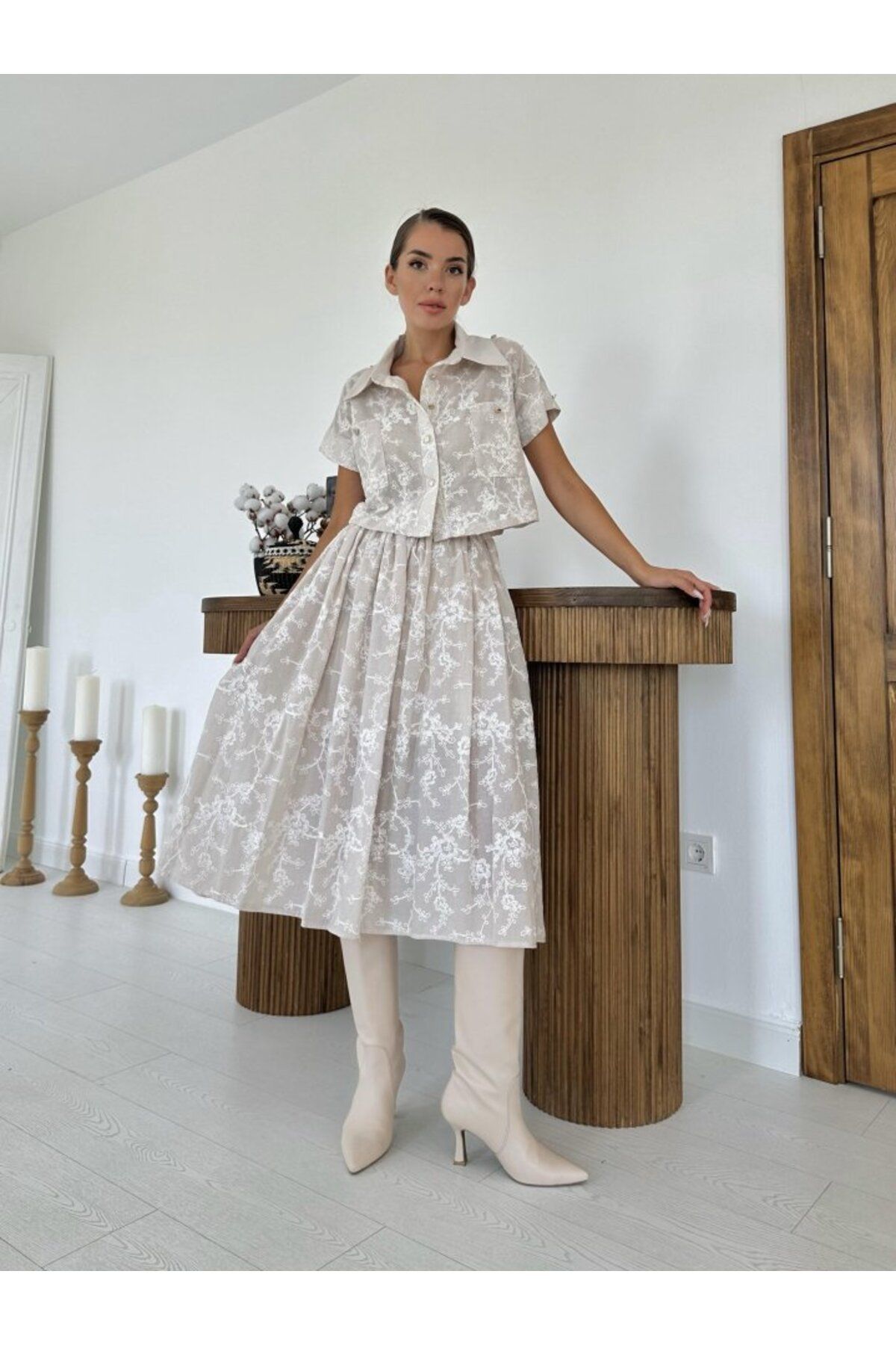 velmorafashion Bej Gömlek Ve Etek Takım