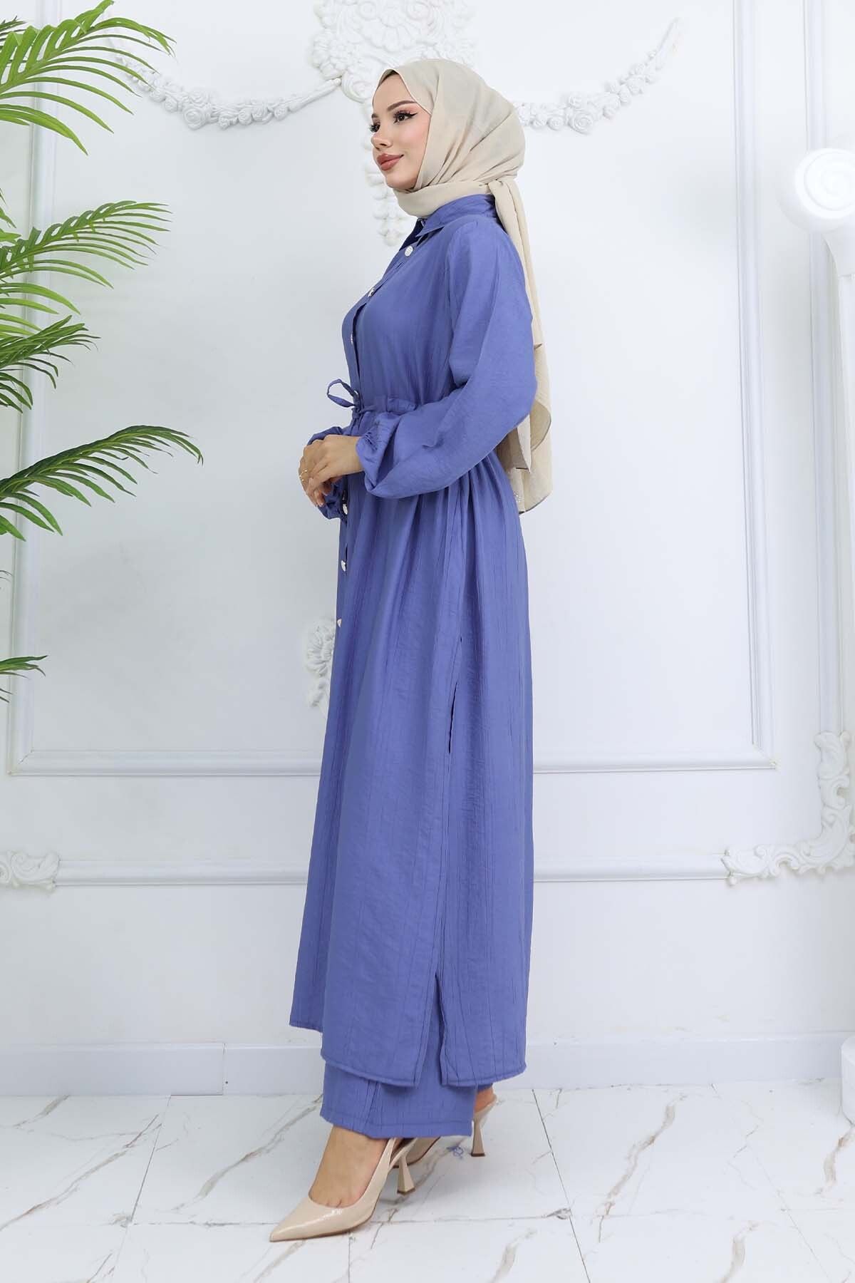benguen-Side Slit Detailed Tunic Trousers Set Indigo 4770 4
