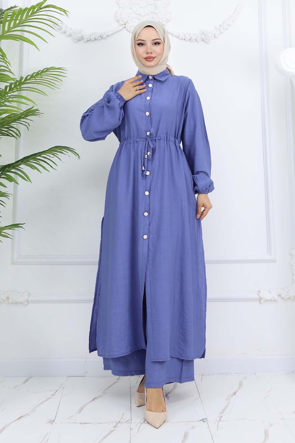 benguen-Side Slit Detailed Tunic Trousers Set Indigo 4770 5