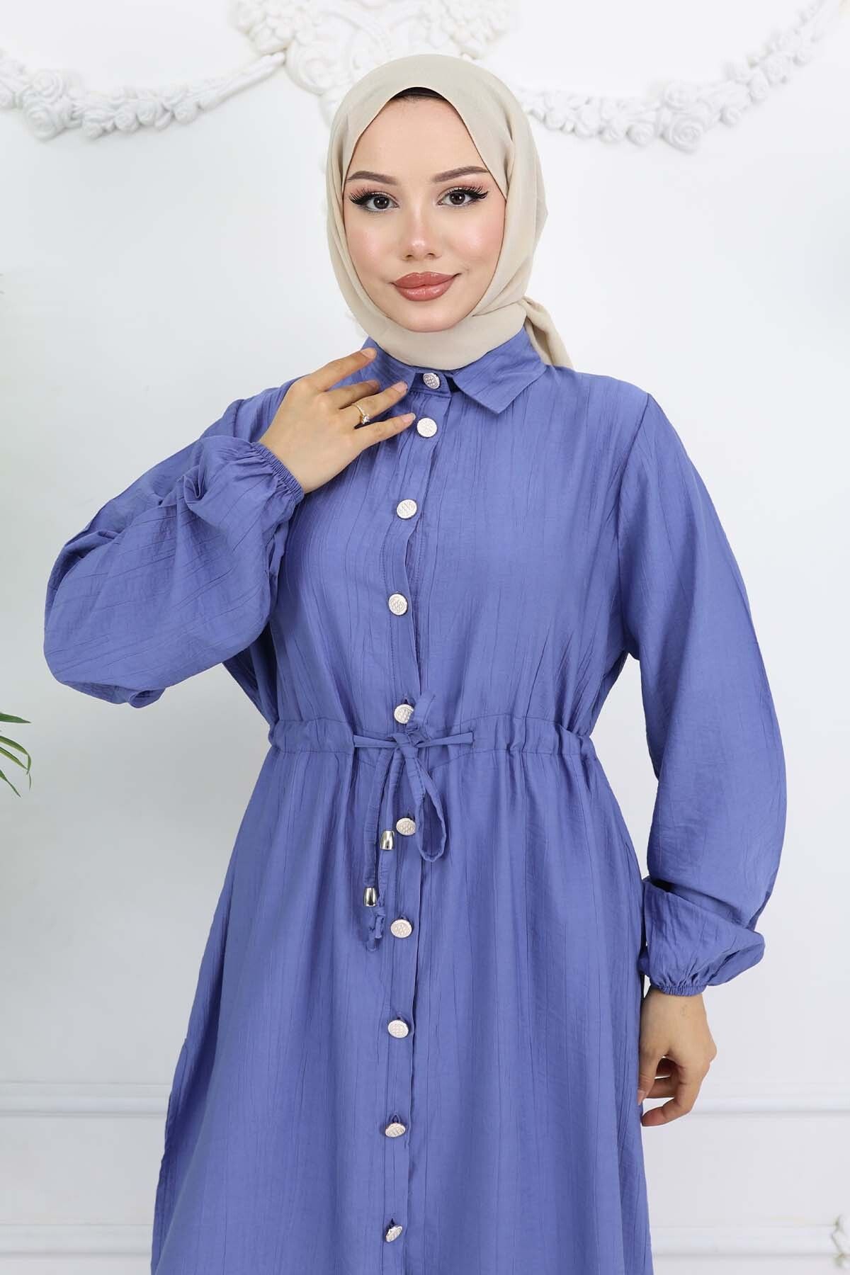benguen-Side Slit Detailed Tunic Trousers Set Indigo 4770 2