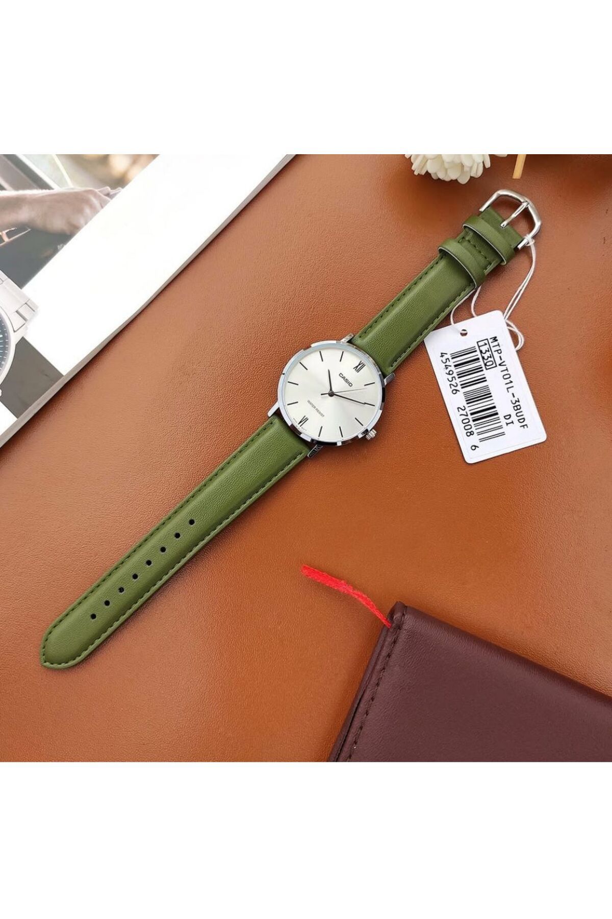 Casio-Casio Unisex Analog-Digital Watch with Leather Strap MTP-VT01L-3BU 40mm - Green 5