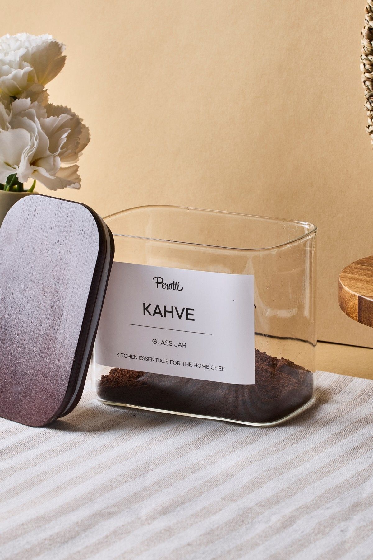 Perotti-Peyton Acacia Lid Borosilicate Rectangular Glass Jar 800 ml 8X12X10 cm 4 Pieces with Labels 2