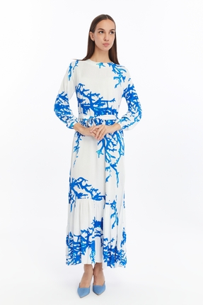 CNR TEKSTİL DAL DESENLİ PİLELİ ELBİSE