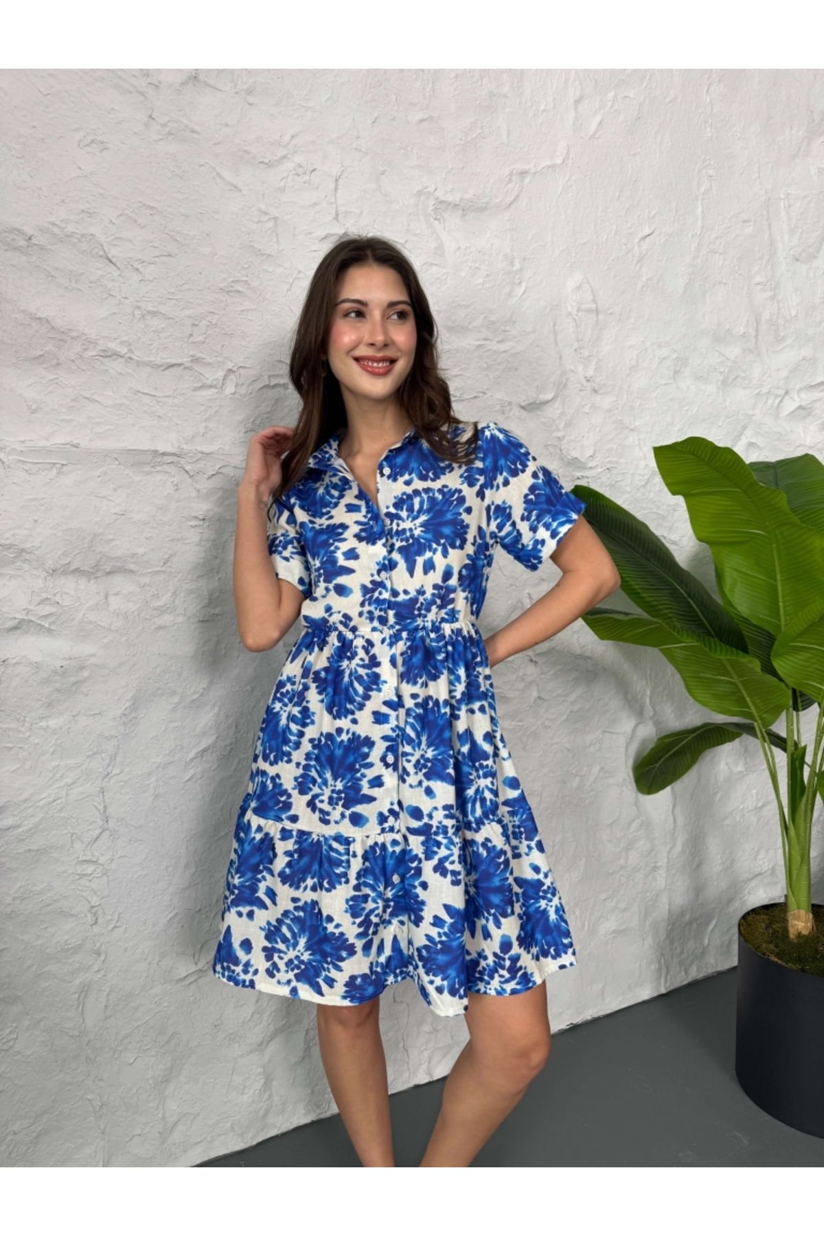 Elif Özbey Butik-Φόρεμα εκρού μπλε φλοράλ ελαστικό στη μέση 1