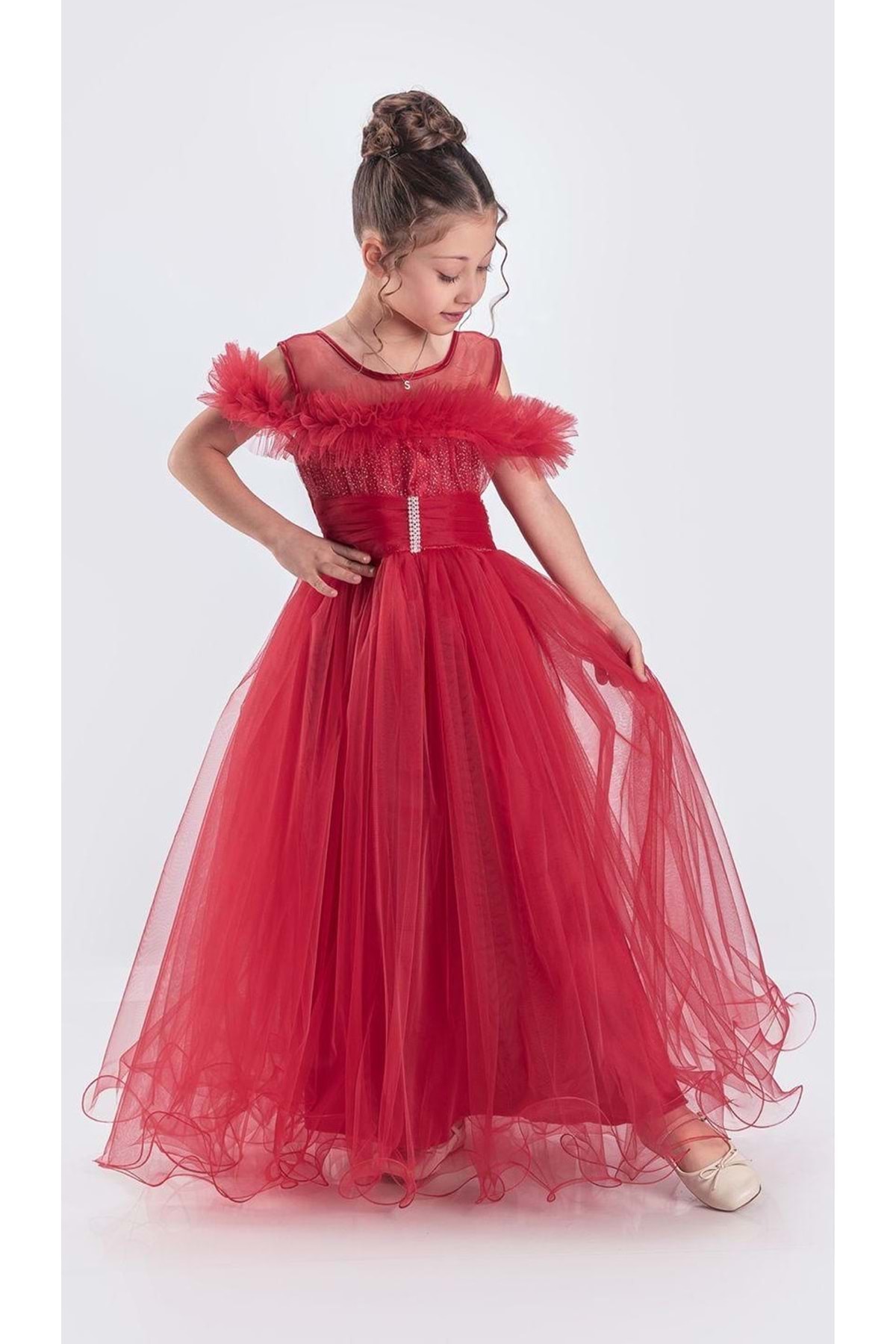 Mnk Baby&Kids Uzun Etek Kız Çocuk Robası Şifon Abiye M00723 KIRMIZI