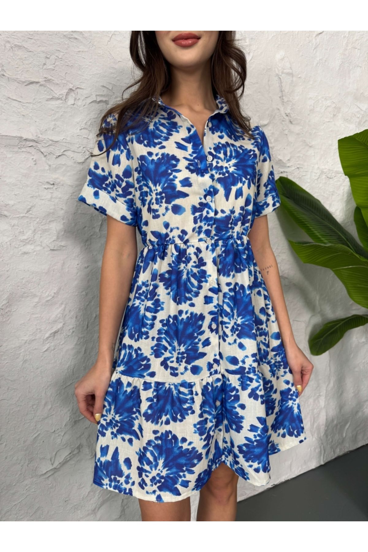 Elif Özbey Butik-Φόρεμα εκρού μπλε φλοράλ ελαστικό στη μέση 4