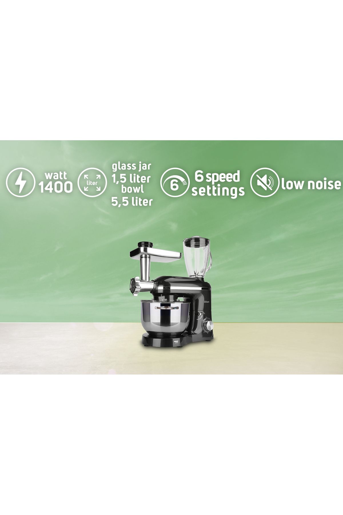 Zilan-Mixer, blender si masina de tocat 3 in 1 Zilan ZLN1772 Negru, 6+1 nivele de control al vitezei 1400W 7
