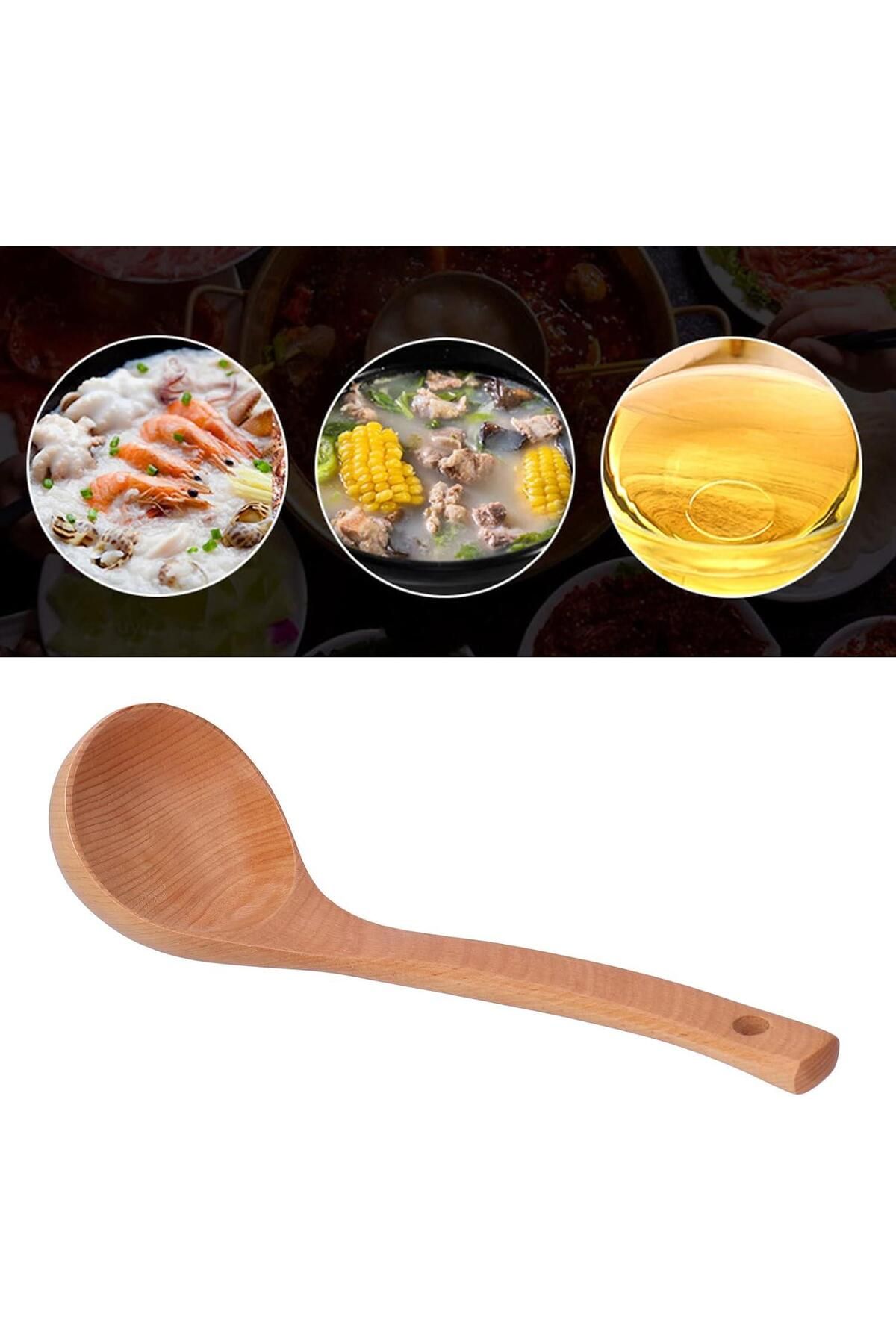 RAMDET-30cm Wooden Ladle Deep Soup Spoon Wooden Board Dining Ladle Ladle with Hanging Hole 4