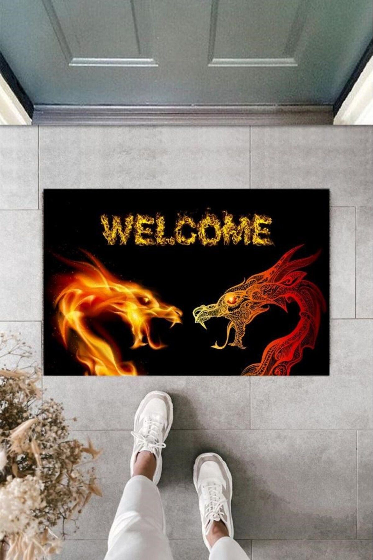 Tahtakale Toptancısı Dijital Baskı Siyah Welcome Ejderha Paspas K-2110
