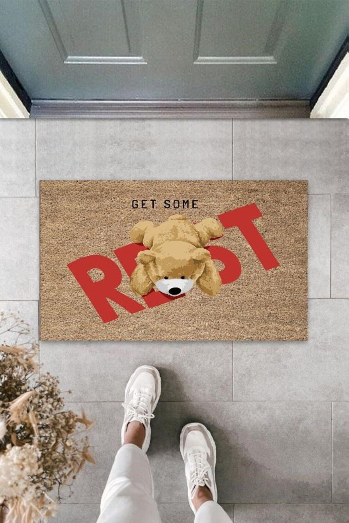 aydınbey Bej Kapı Önü Paspası Get Some Rest Ayıcık Desen K-3326