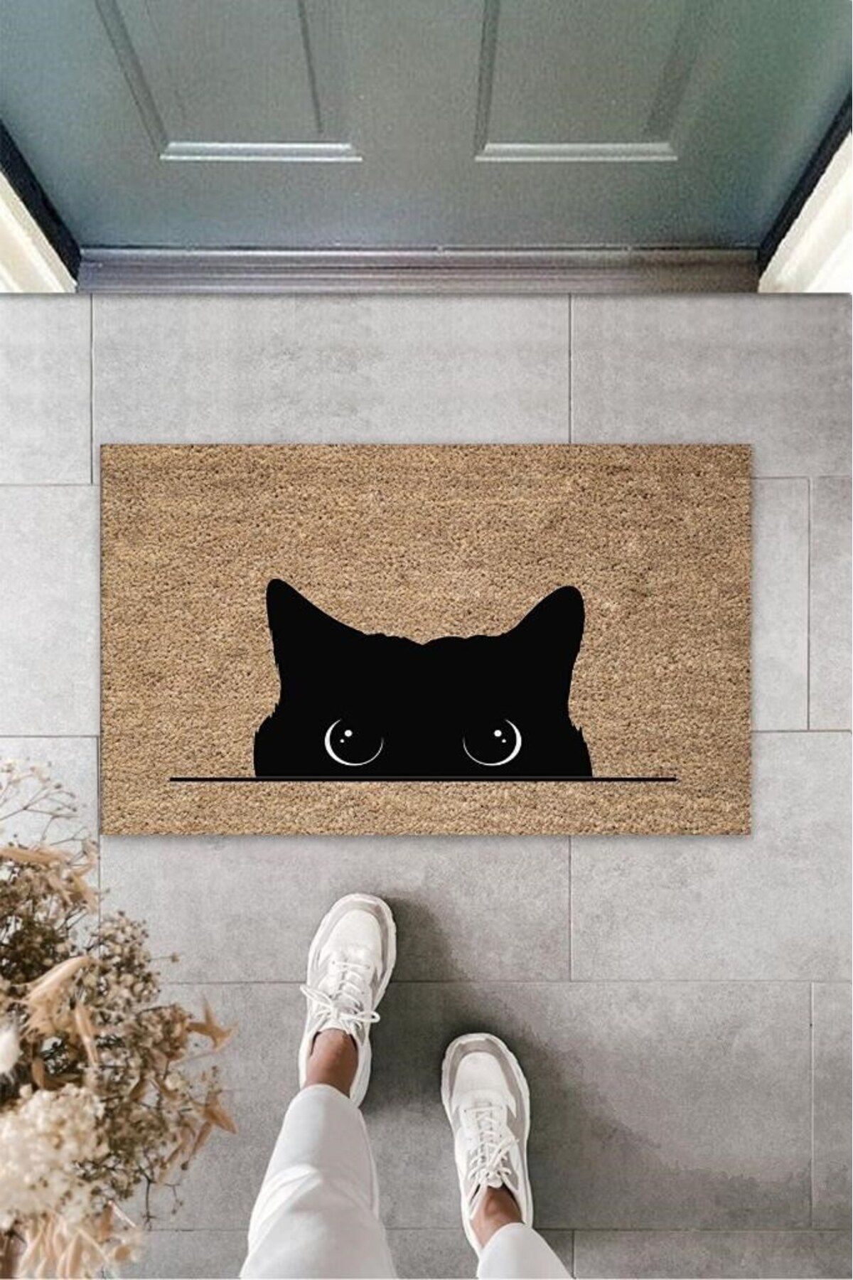 Tahtakale Toptancısı Dijital Kara Kedi Bej Kapı Paspası Dış Mekan Paspas K-3185