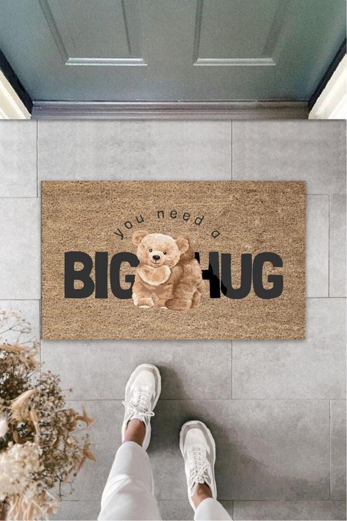 Tahtakale Toptancısı Dekoratif Dijital Big Hug Ayıcık Bej Kapı Paspası Dış Mekan Paspas K-3190