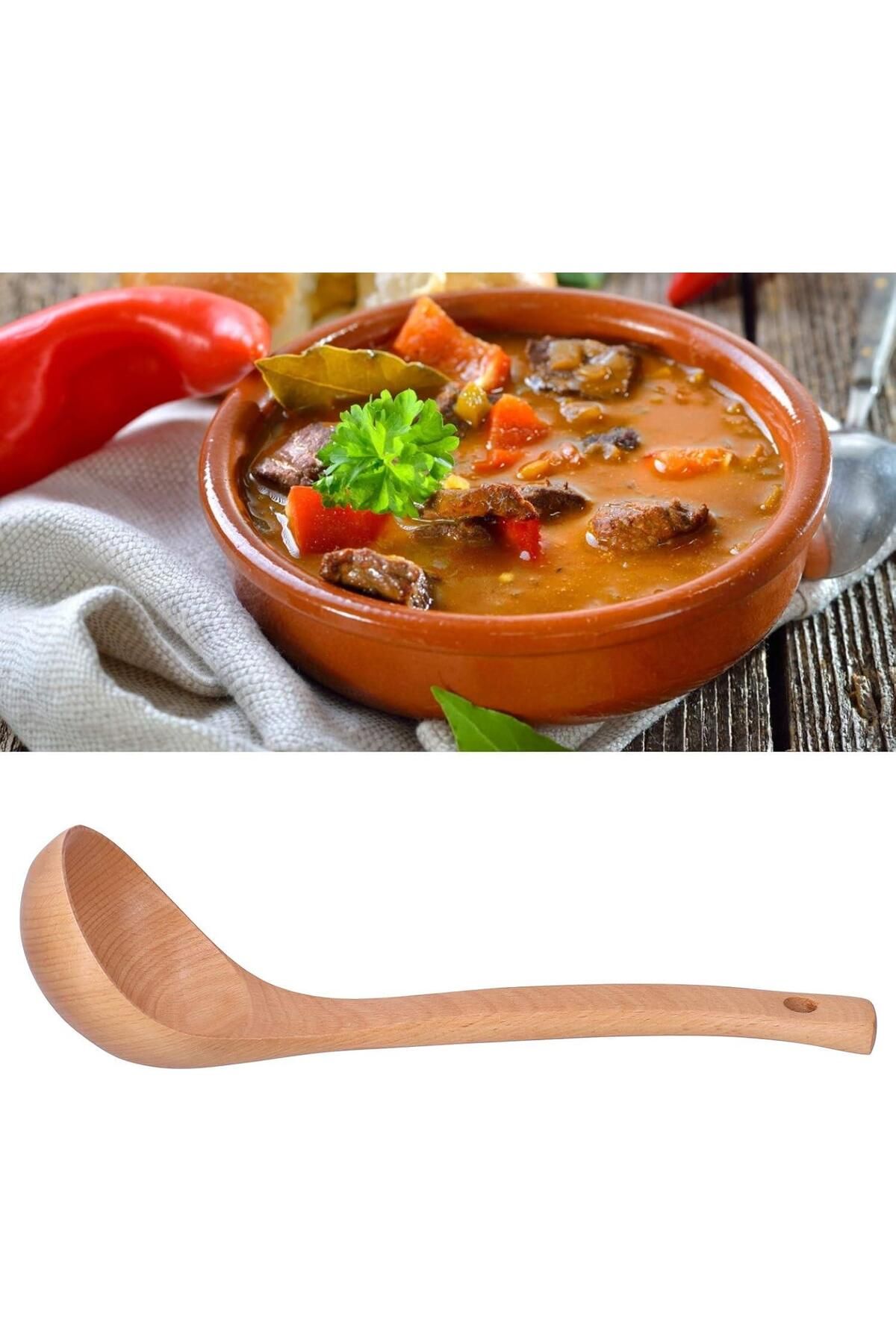RAMDET-30cm Wooden Ladle Deep Soup Spoon Wooden Board Dining Ladle Ladle with Hanging Hole 5