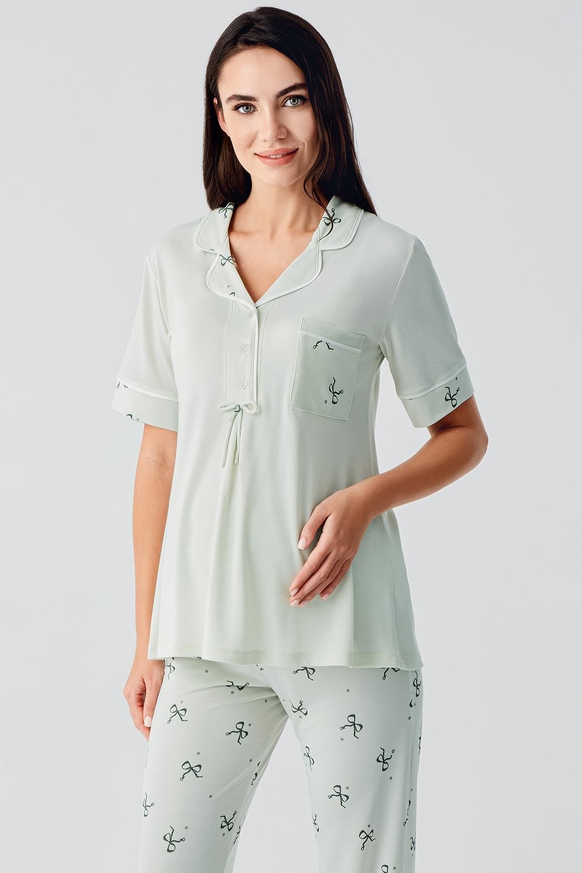Artış-Bow Patterned Buttoned Short Sleeve Stretchy Viscose Maternity Pajama Set 2