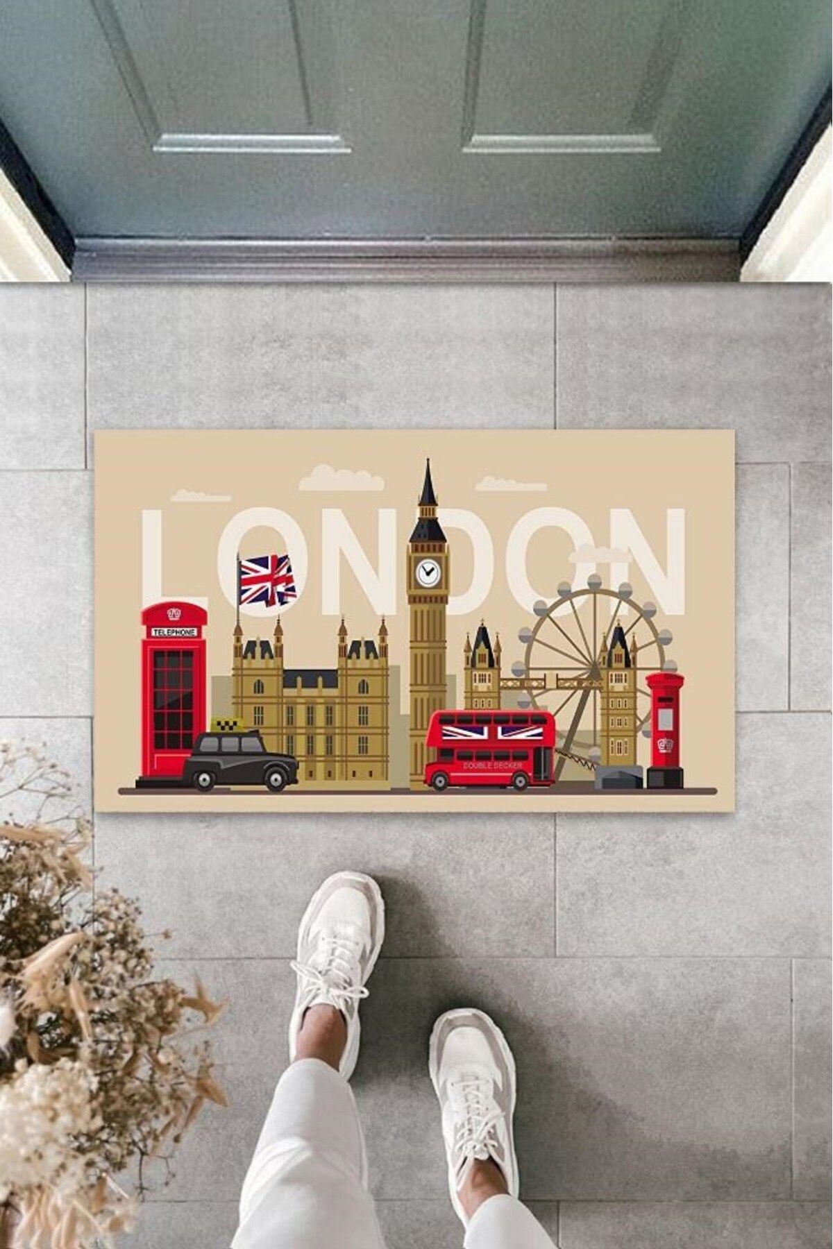 Tahtakale Toptancısı Dijital Baskı Bej London Temalı Paspas K-3020