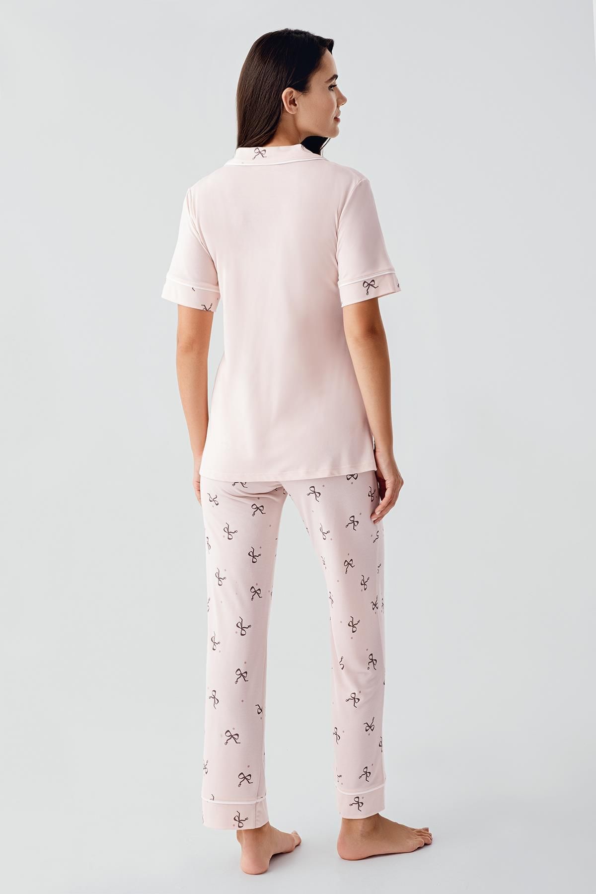 Artış-Bow Patterned Buttoned Short Sleeve Stretchy Viscose Maternity Pajama Set 3