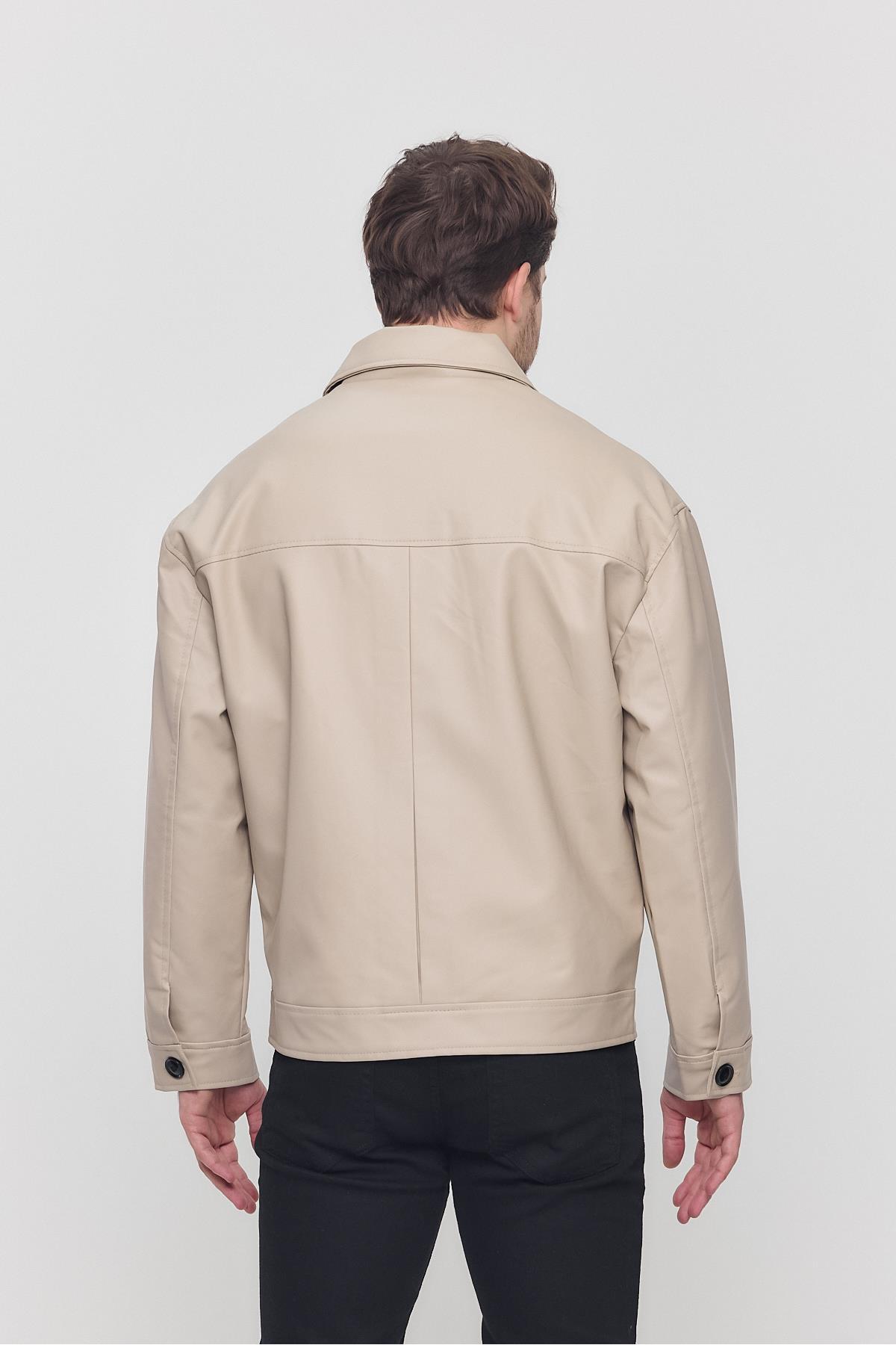 Krem Erkek Basic Suni Deri Yazlık Ceket & Mont görsel 6