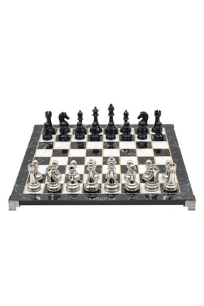 Cooper Chess 30cm Mermer Desenli Siyah Gümüş Metal Klasik Tasarım Satranç Tak...