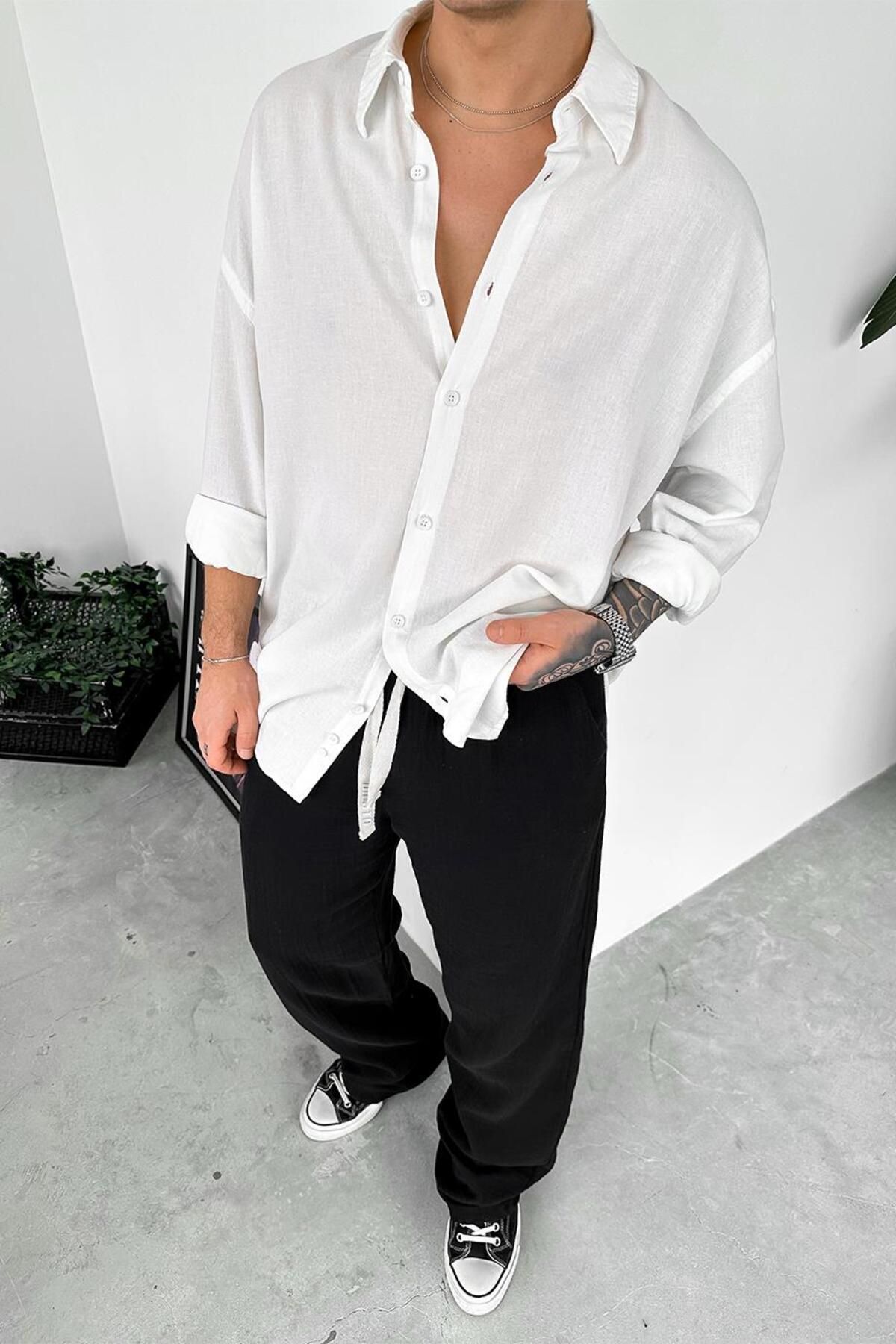 HAFKAGİYİM-Πουκάμισο Ecru Old Money Basic Linen Oversize 1