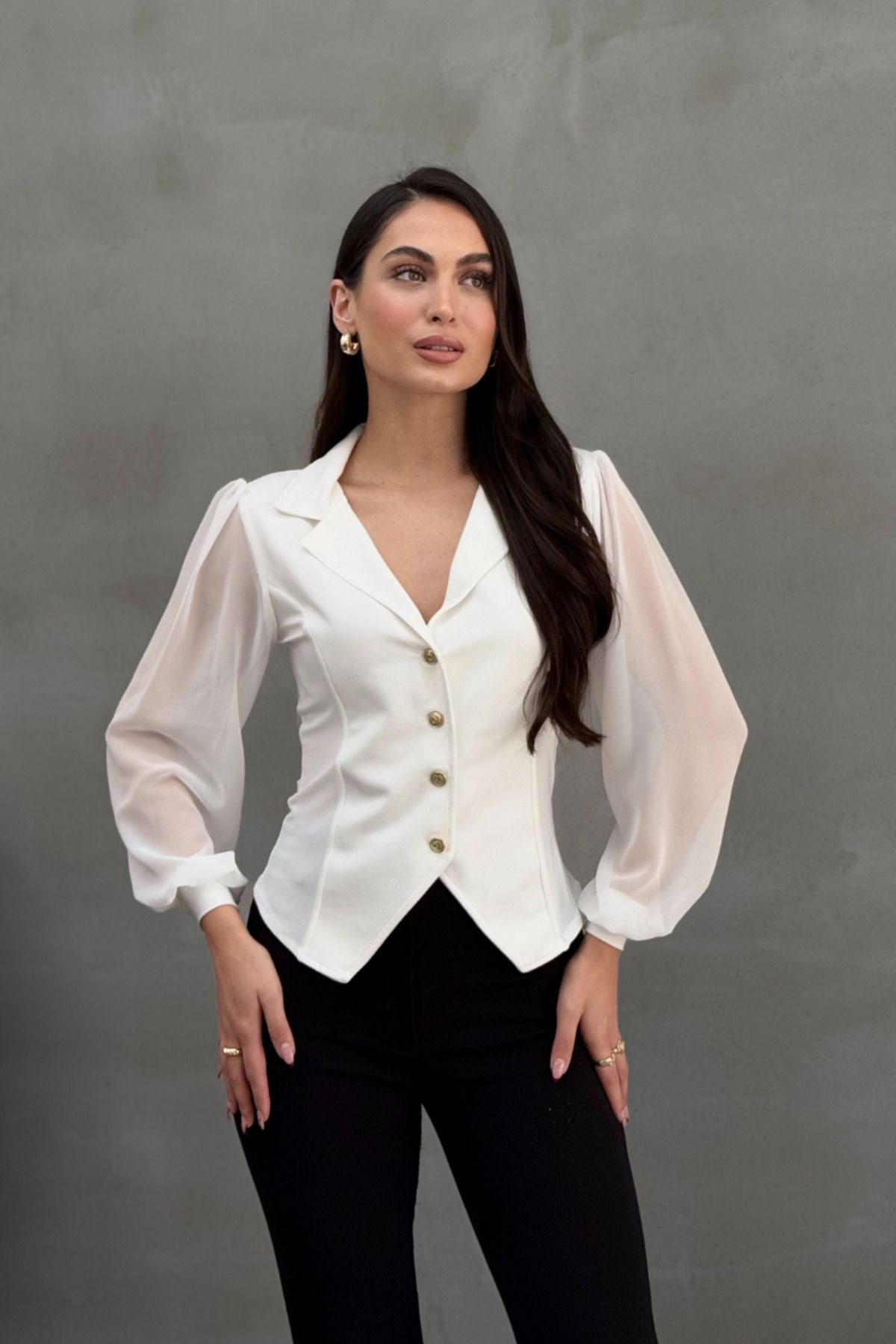msm fashion Cămașă De Damă, Cu Nasturi, Cu Mâneci Lungi Din Tul, Cu Rever, Cămașă Cu Talie Femeie - L