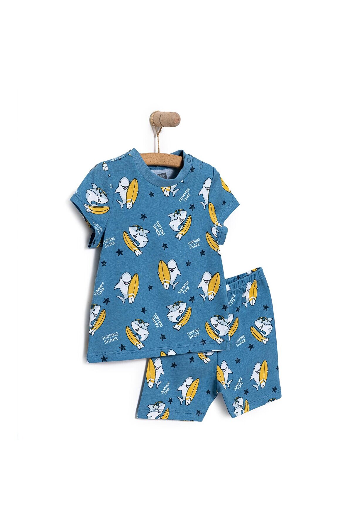 ebebek Hello Baby HelloBaby Kısa Kol Köpek Balığı Desenli Bisiklet Yaka Pijama Takımı Erkek Bebek fotoğrafı 2 (önizleme)