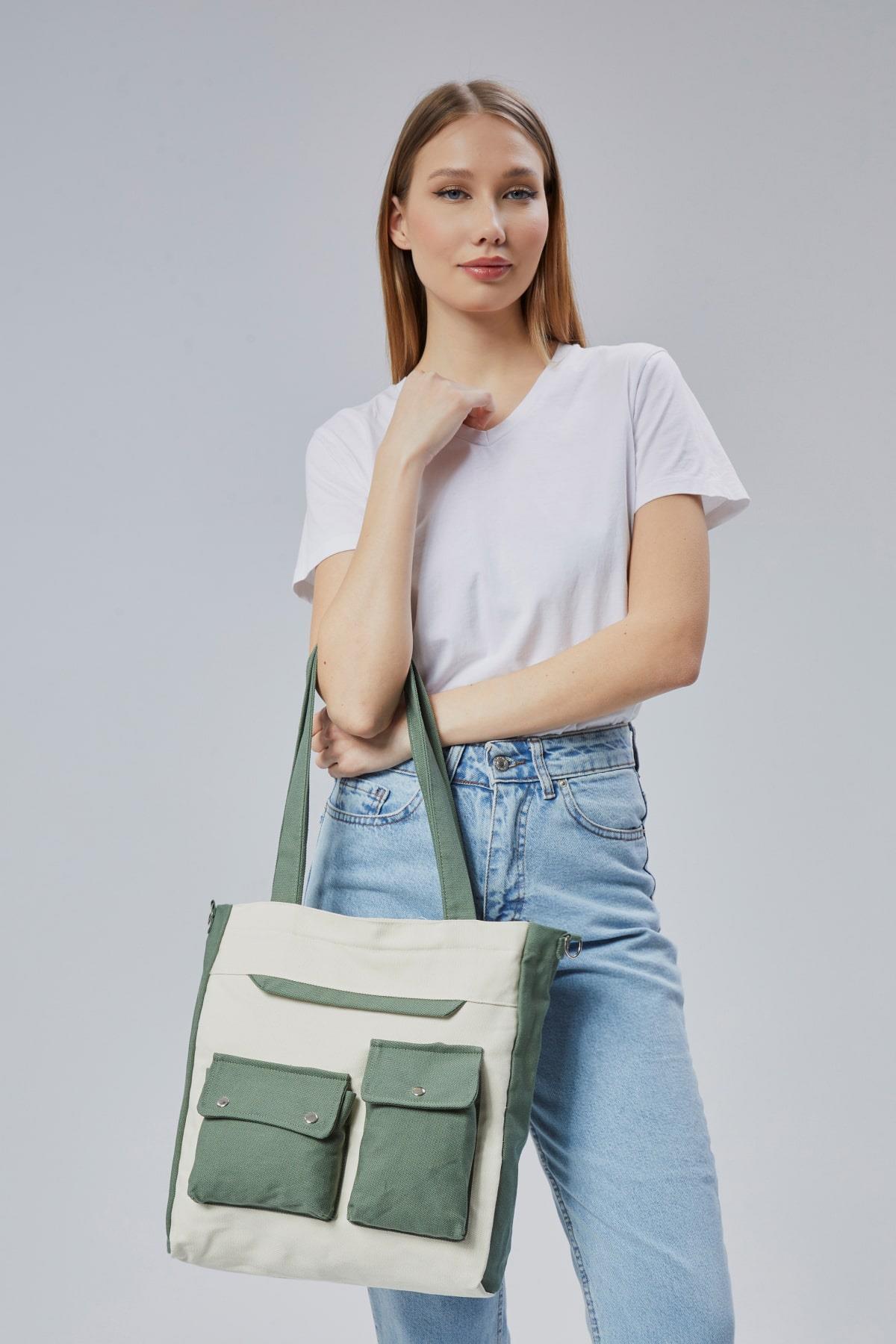 Çınar Bez Çanta  Kanvas Ön Cepleri Çıtlı Çanta (Mint Yeşili-Ekru) - Görsel 5