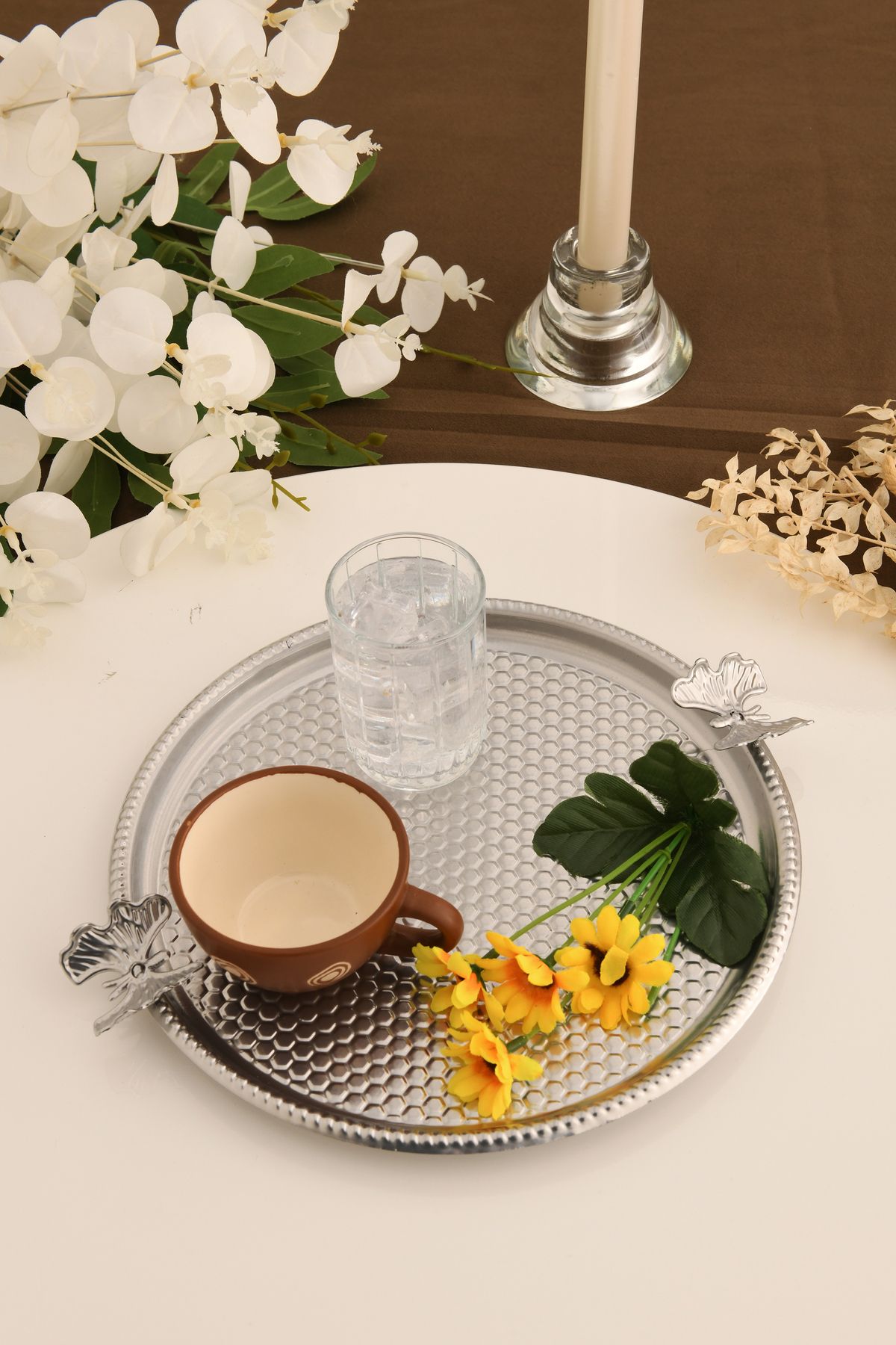 AKSESUAR EVRENİ-Iren Round Honeycomb Model Butterfly Detailed Presentation Tray Silver 1 Piece 5