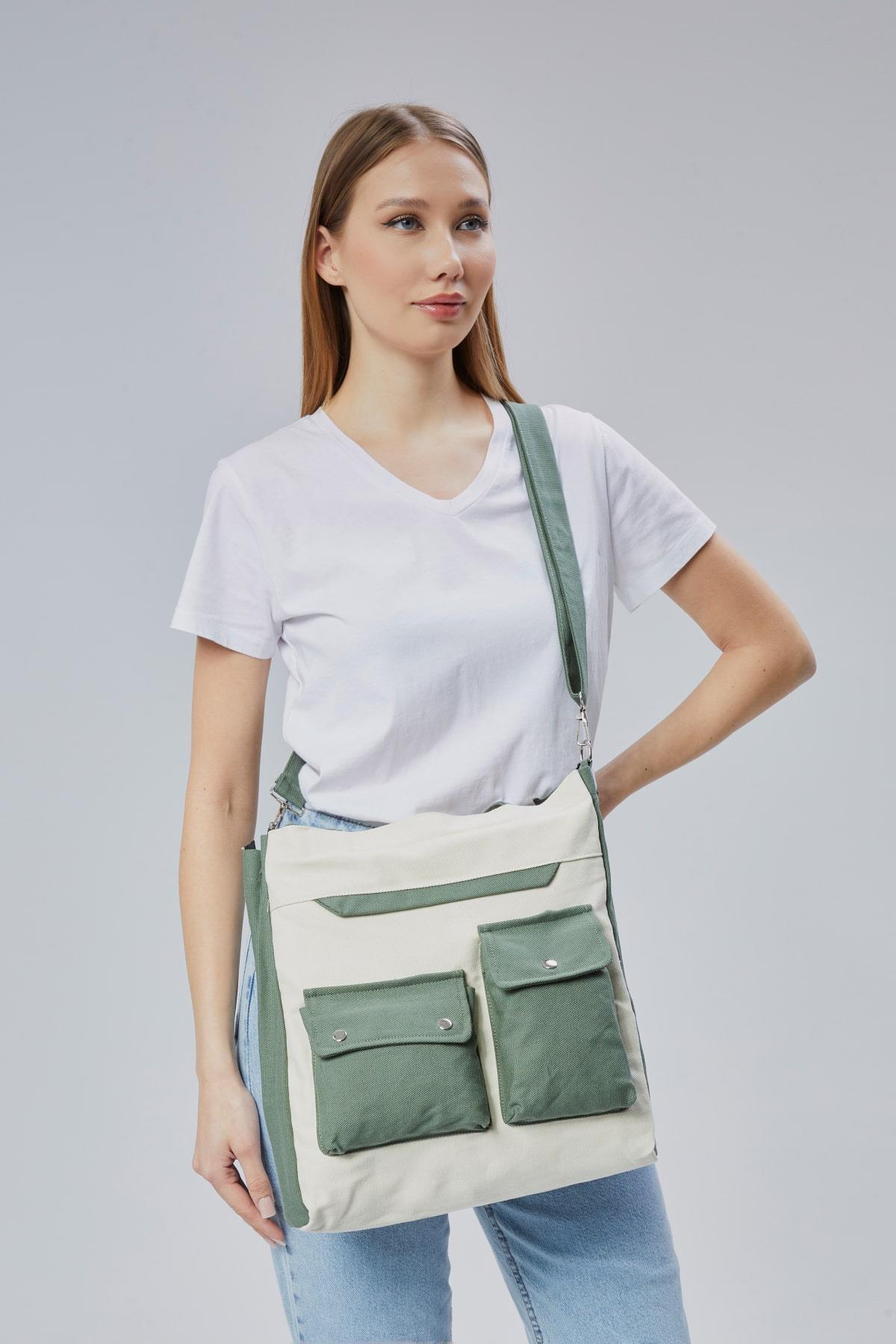 Çınar Bez Çanta  Kanvas Ön Cepleri Çıtlı Çanta (Mint Yeşili-Ekru) - Görsel 4