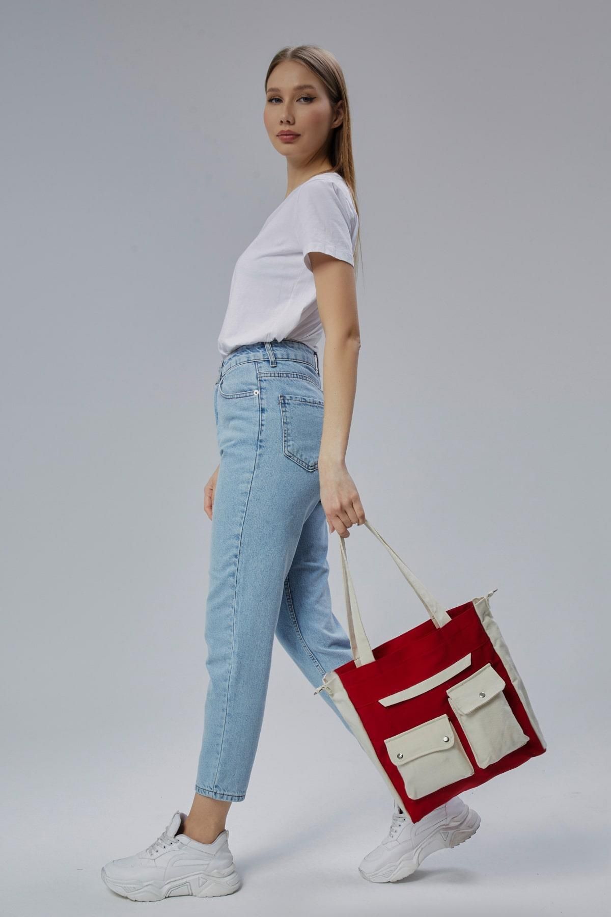 Çınar Bez Çanta-Canvas Front Pockets Snap Bag (Red-Ecru) 6