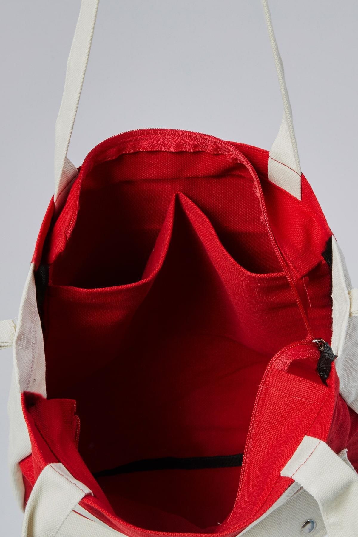 Çınar Bez Çanta-Canvas Front Pockets Snap Bag (Red-Ecru) 8