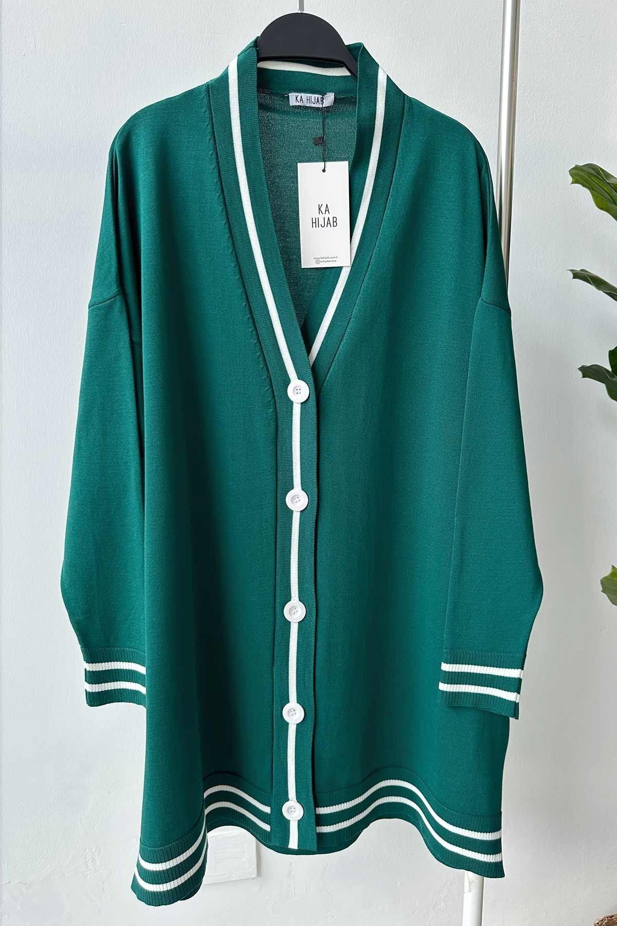 Ka Hijab-Emerald Mercerized Cardigan - Stripe Detailed and Buttoned 4
