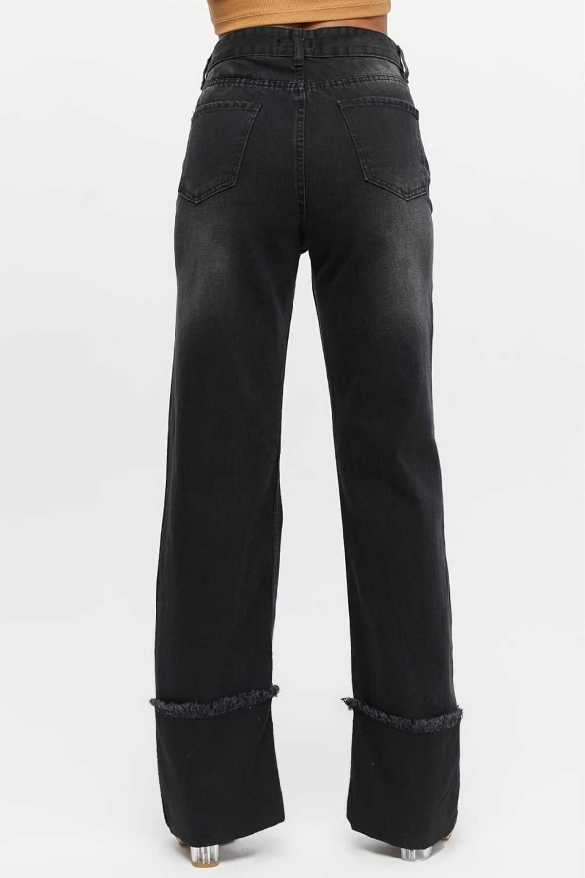SHEVEGA-Women's Black Stitched Reverse Leg Tassel Wide Leg Jeans Jeans Pants 4