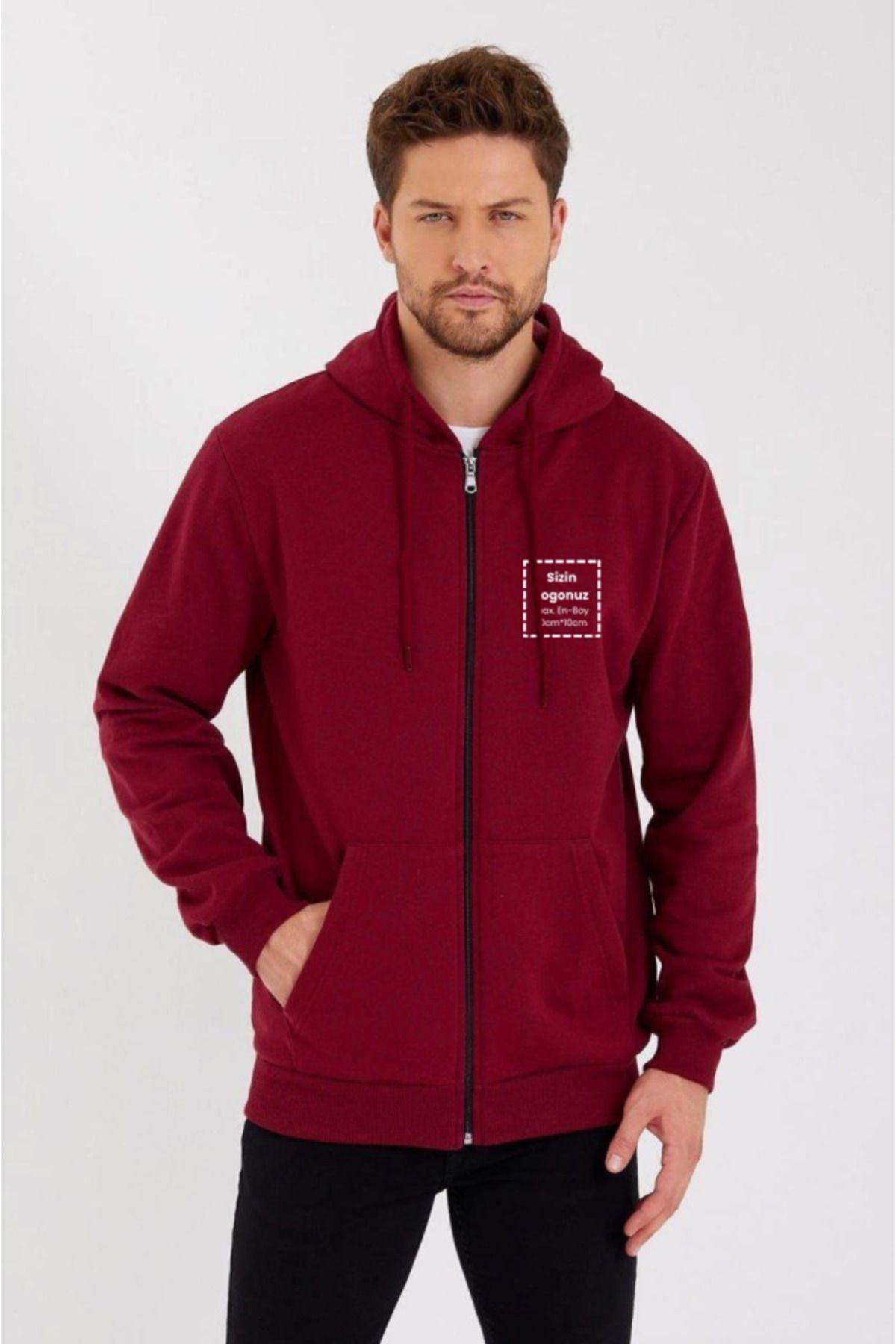 Melenza Unisex Tam Fermuarlı Kapşonlu Özel Tasarım SweatShirt - Bordo
