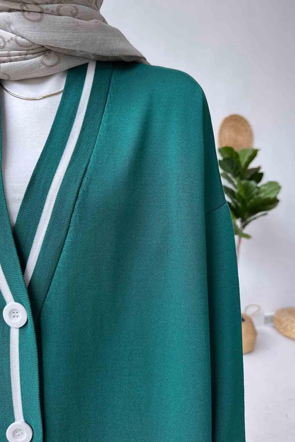 Ka Hijab-Emerald Mercerized Cardigan - Stripe Detailed and Buttoned 3
