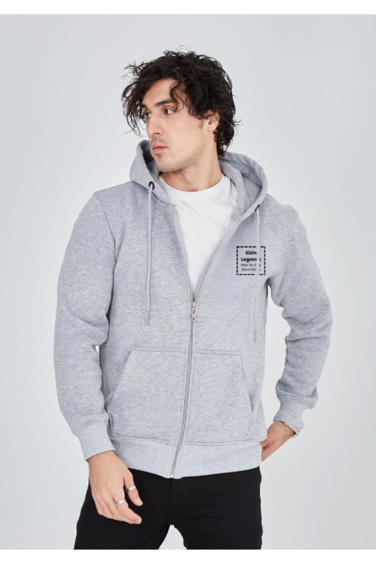 Grip Hug &Hug Unisex Tam Fermuarlı Kapşonlu Özel Tasarım SweatShirt - Gri