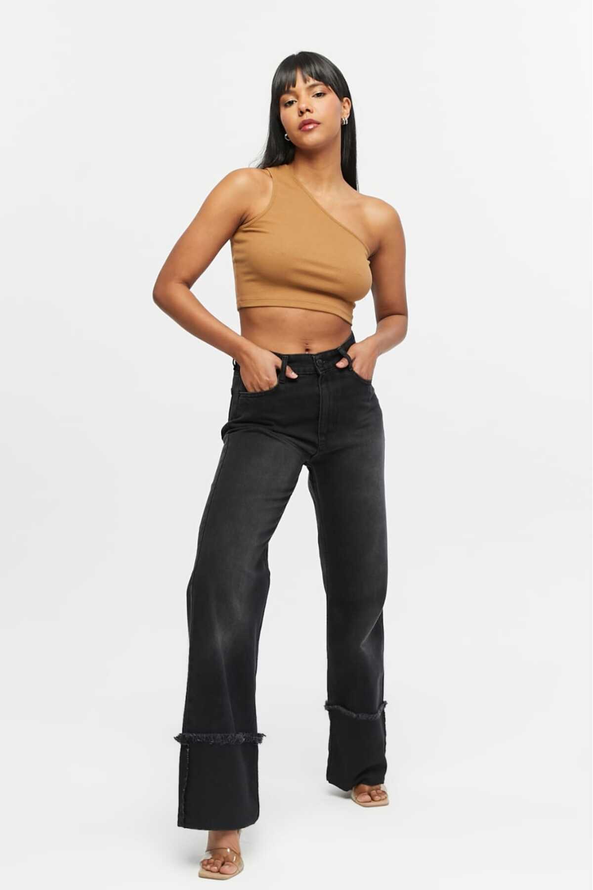 SHEVEGA-Women's Black Stitched Reverse Leg Tassel Wide Leg Jeans Jeans Pants 2