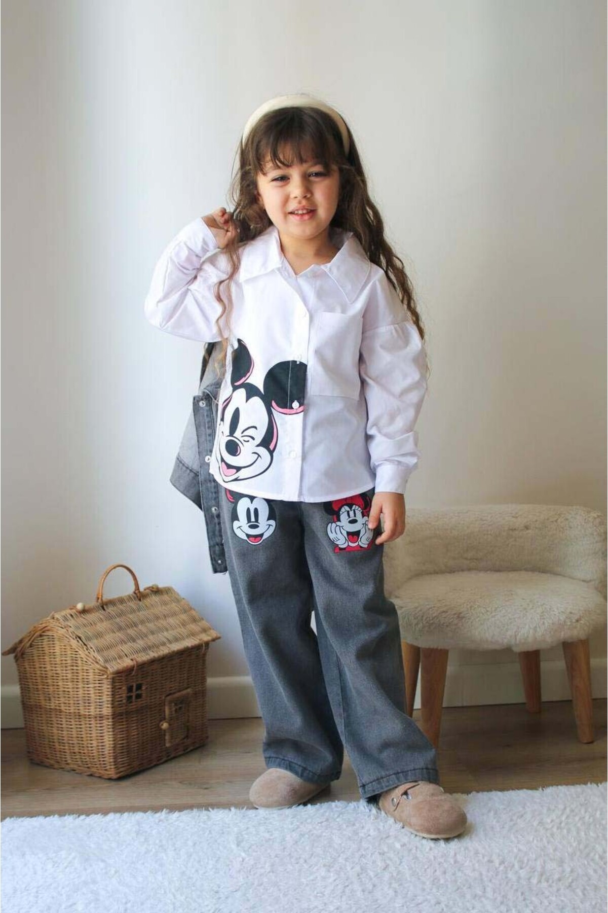 MİNİKO KİDS-Girl's Mini with Embroidered Shirt with Jeans Jacket 3-Piece Suit 2