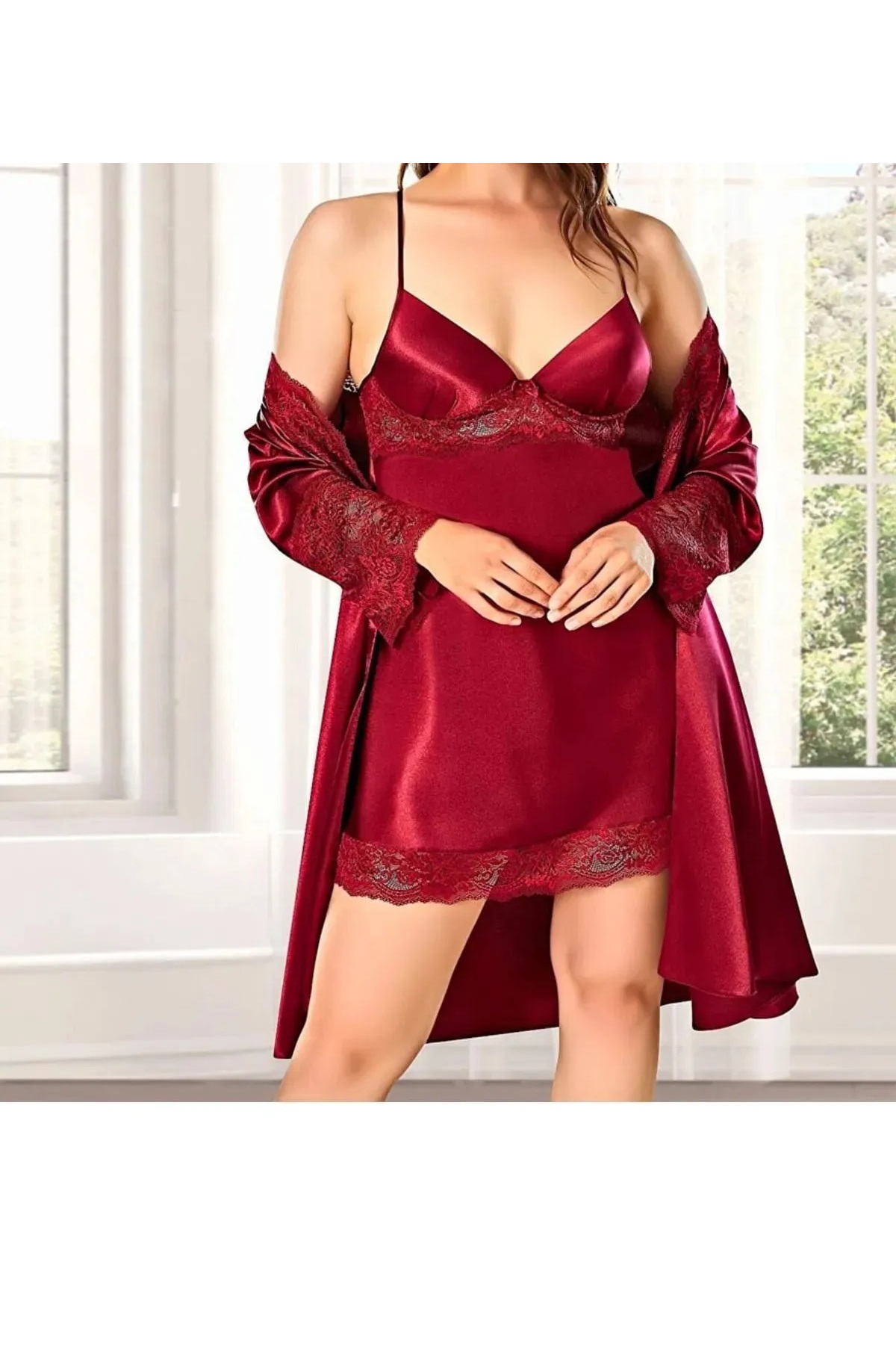 ROZELT Kadın Bordo Saten Çeyiz Seti 6 Parça Dantelli Sabahlık Gecelik Pijama Şortlu Takım R.O.Z.8.6.E.LT.A