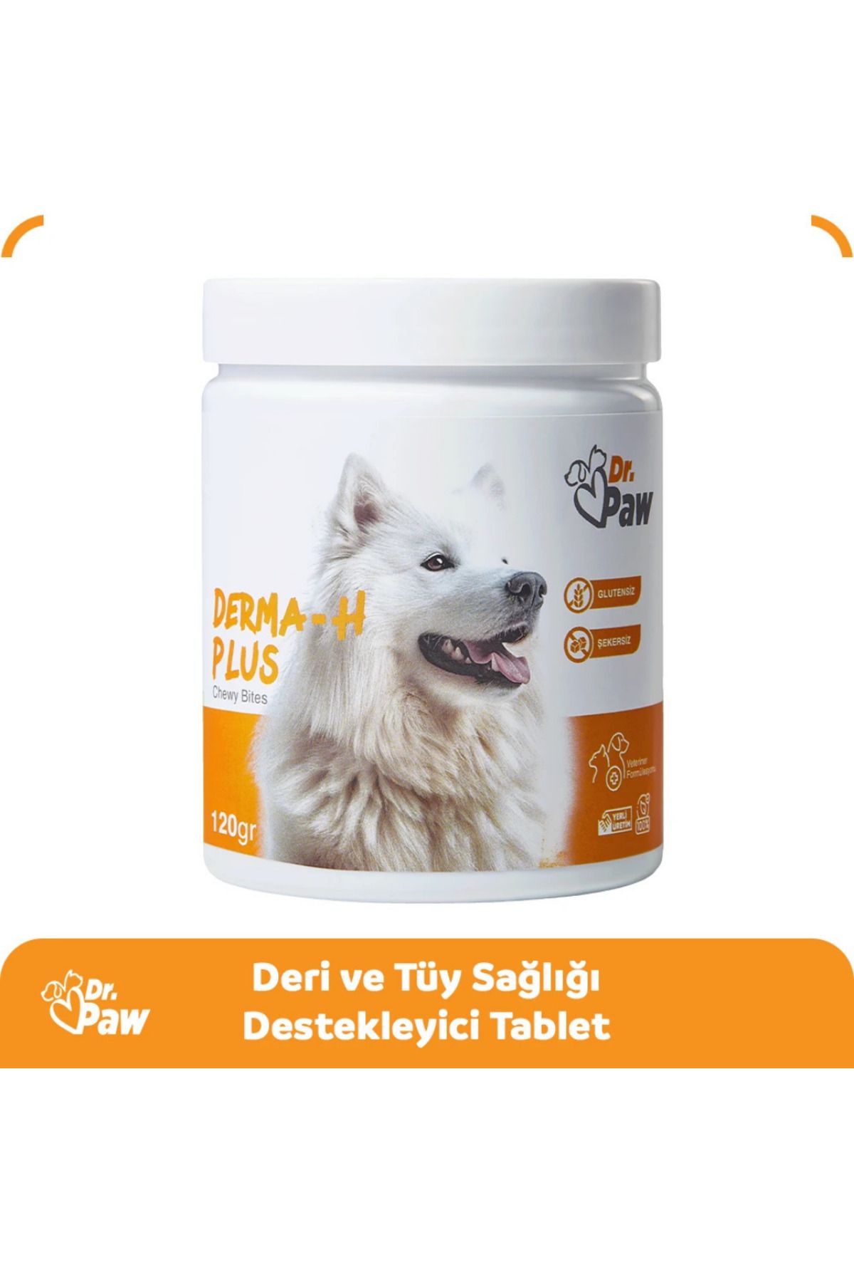 Dr.Paw Derma H Plus: Köpekler için Glütensiz, Şekersiz Tüy, Cilt Sağlığı Destekleyici Çiğnenebilir (120 gr)