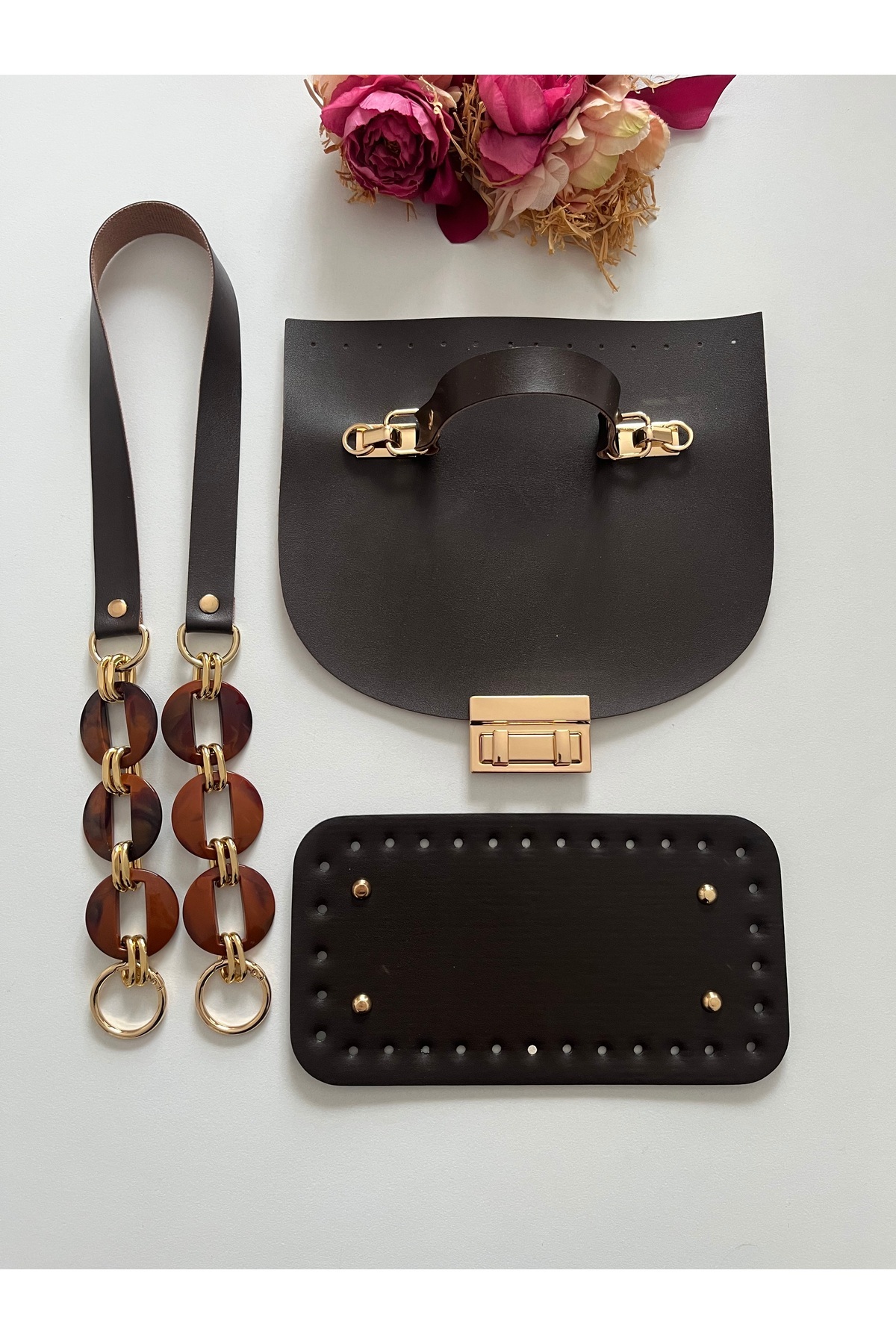 Acrylic handle for knitted bags Dark Brown , leather cover and base set