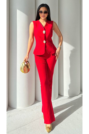 pembekurdelem Kadın Gold Düğmeli Yelek Pantolon Takım Kırmızı
