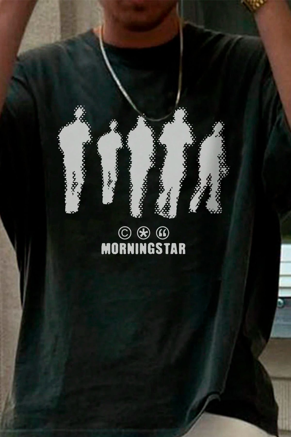 GIANTSTORE Morningstar Baskılı Oversize Bisiklet Yaka Erkek Siyah T-shirt
