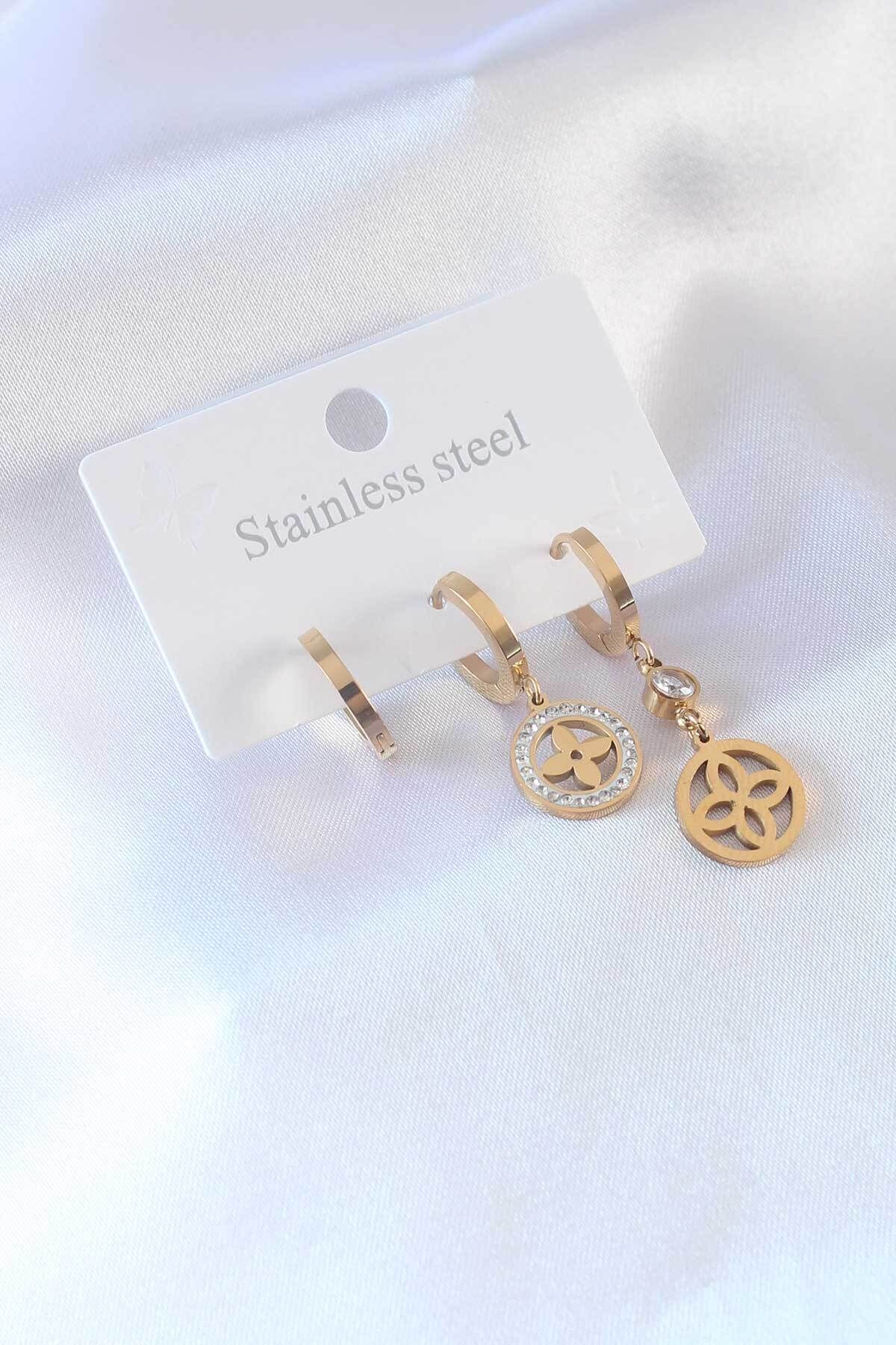 BZK ACCESSORİES 316L Çelik Gold Renk Çiçek Model Zirkon Taşlı Kadın Küpe
