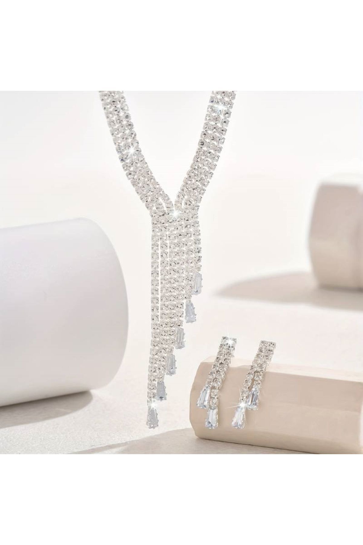 Zirkon Taşlı Saçaklı Victoria Model Takı Seti, Luxury Takı, Düğün Takısı, Hediye Takı, Gece Takısı