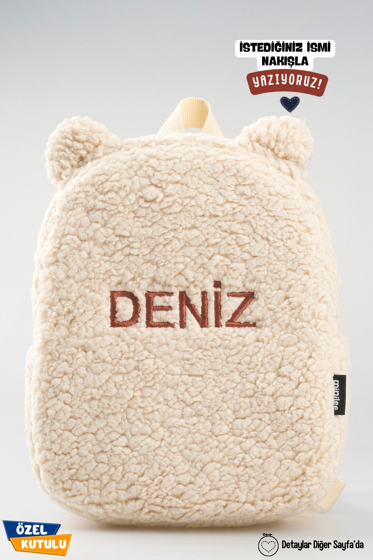 [istediğiniz Ismi Nakış Ile Yazıyoruz] - Bej Peluş 0-8 Yaş - Çocuk Anaokulu, Kreş Sırt Çantası