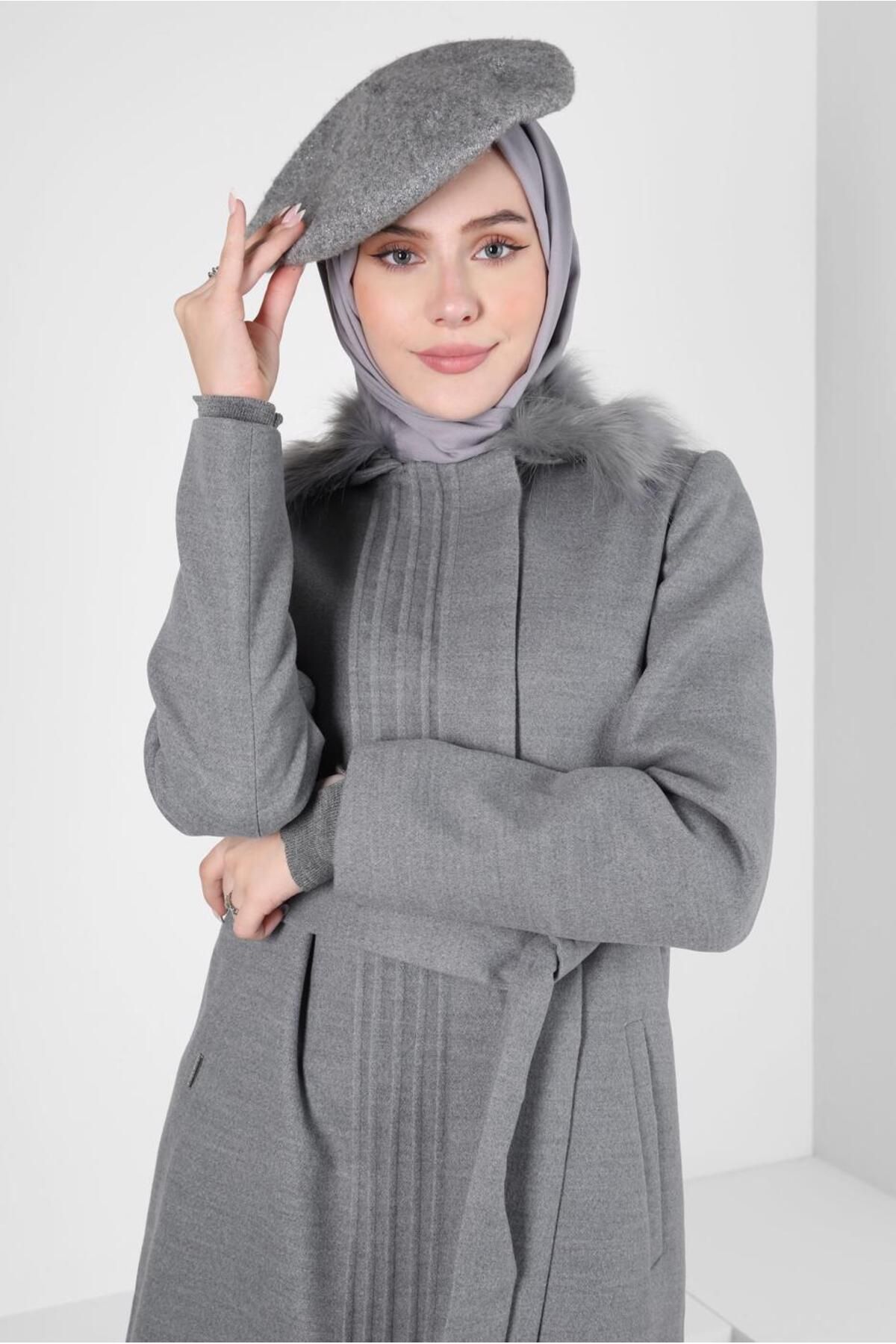 کت کمربند خز دار 90407 Alvina