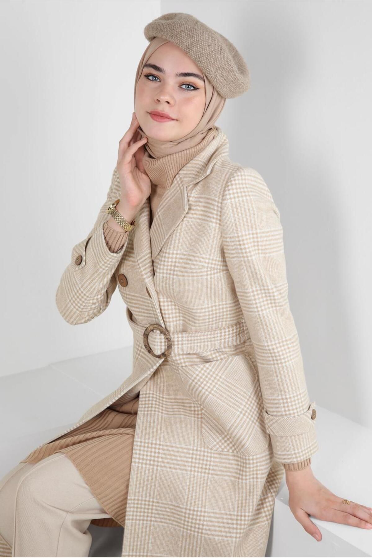 مانتو طرح دار کمربند 90346 Alvina